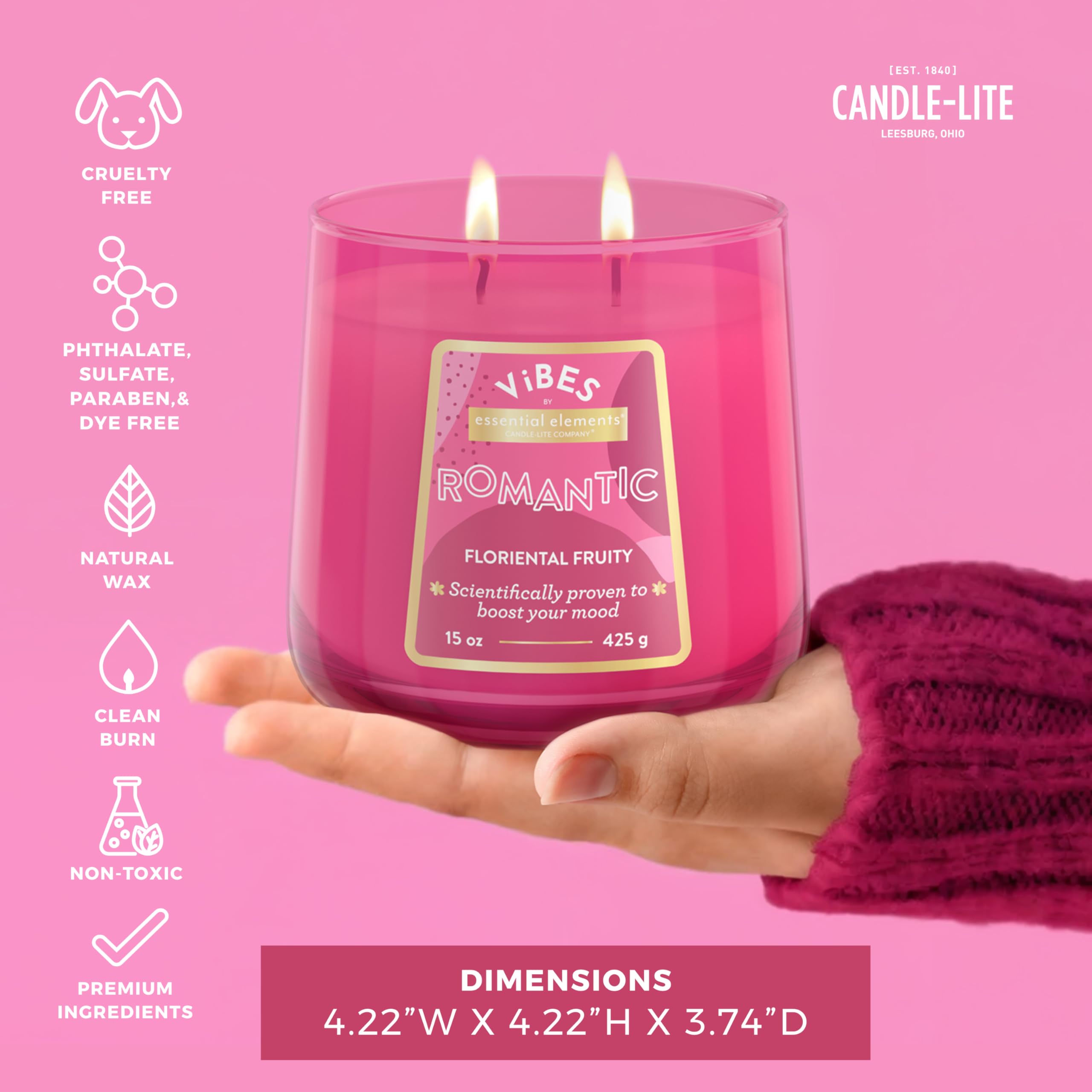 Candle-Lite Vibes Floriental Fruity Mood-Enhancing Scented Candles, 15 oz Jar, Aromatherapy, Proudly Poured in the USA, 2-Wick, 86 Hours Burn Time, Perfect Relaxation Gift