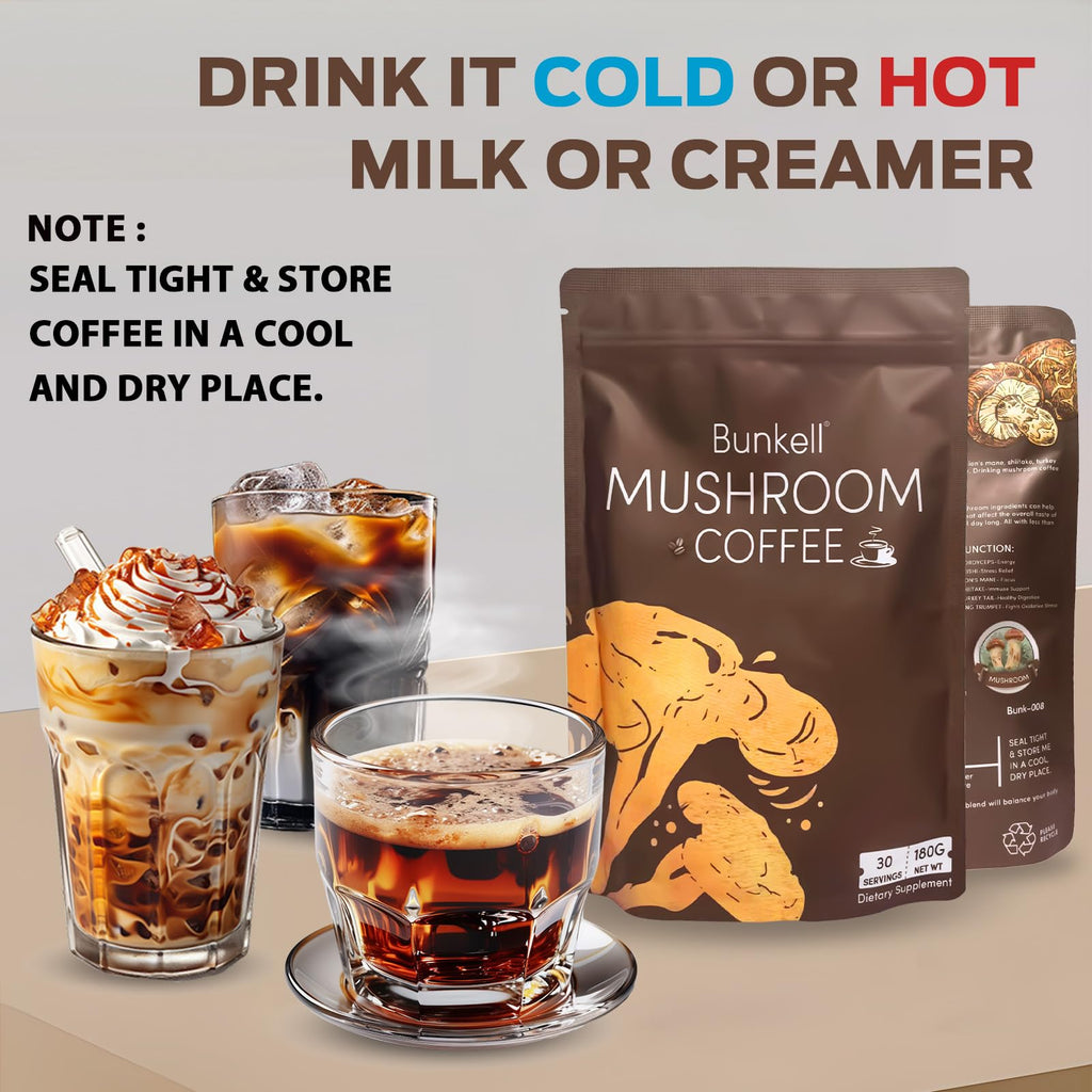 Bunkell Mushroom Coffee, Adaptogenic 6 Mushrooms with Lion's Mane, Reishi, Cordyceps, Shiitake, King Trumpet & Turkey Tail, Instant Coffee Powder for Energy, Digestion & Immune Support, 30 Servings