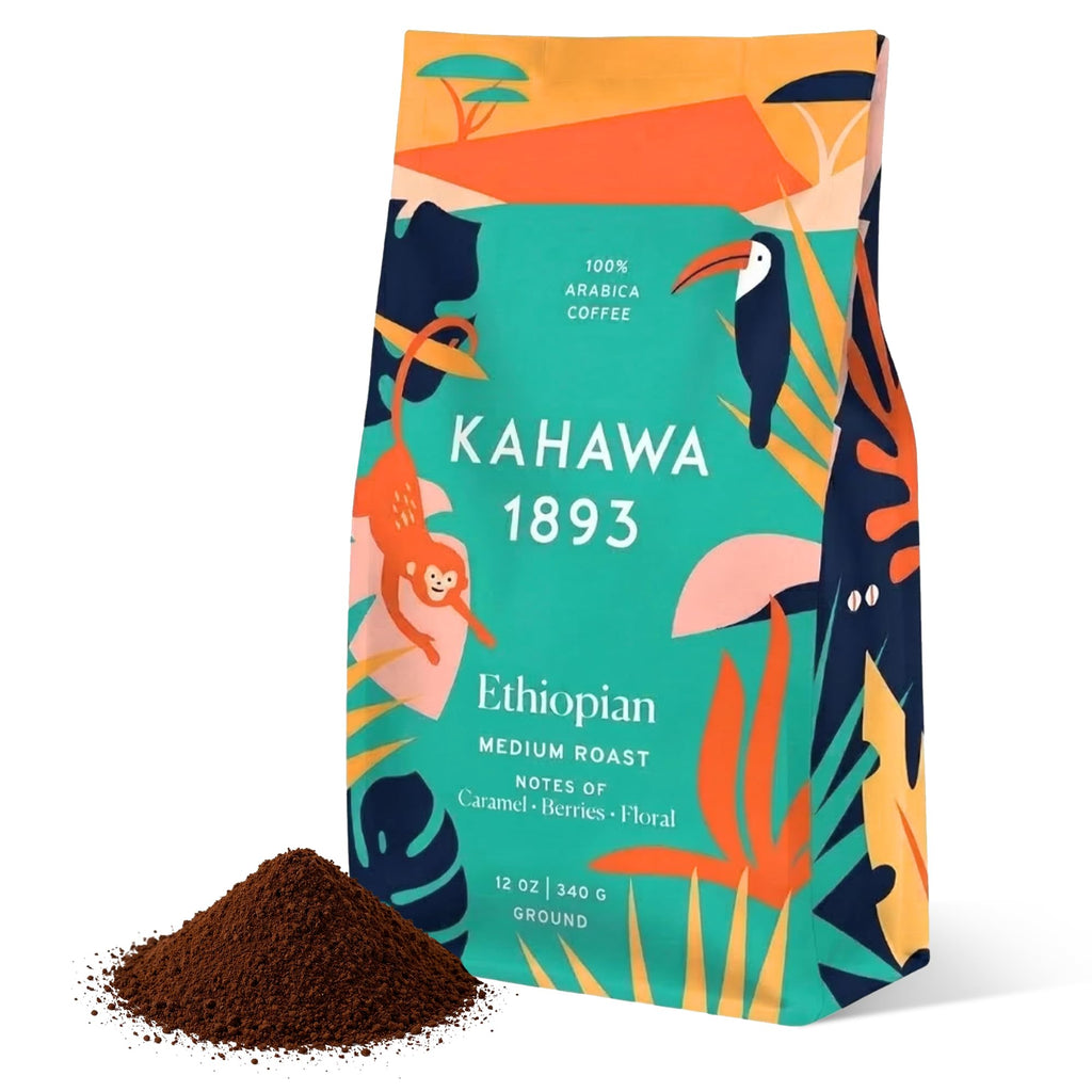 Kahawa 1893 Ground Coffee Medium Roast Ethiopian Blend 12 Oz - As Seen on Shark Tank, High Antioxidants, Naturally Sweet, Organically Grown, Ethically & Sustainably Sourced