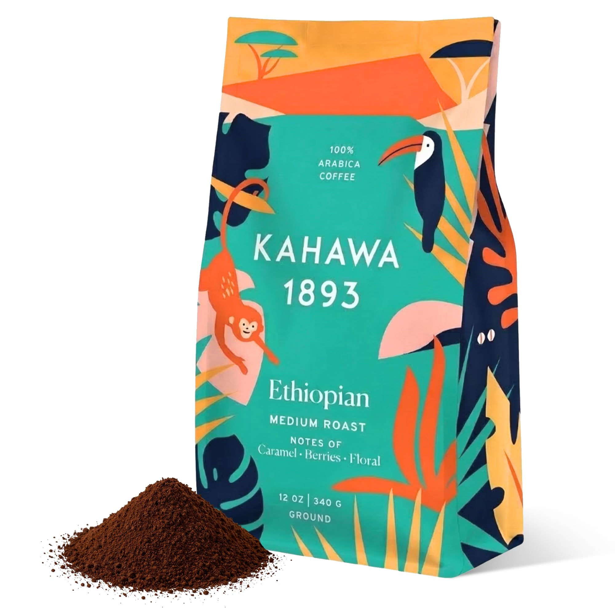 Kahawa 1893 Ground Coffee Medium Roast Ethiopian Blend 12 Oz - As Seen on Shark Tank, High Antioxidants, Naturally Sweet, Organically Grown, Ethically & Sustainably Sourced