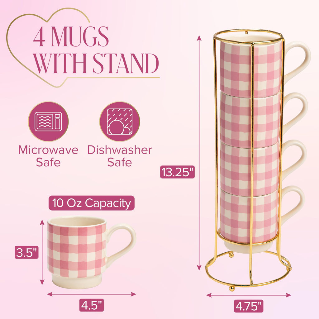 Paris Hilton Stackable Coffee Mug Set with Gold-Tone Rack, Gingham Ceramic Stoneware Cups for Coffee, Tea & Latte, Microwave & Dishwasher Safe, 4-Piece, 10-Ounce, Pink