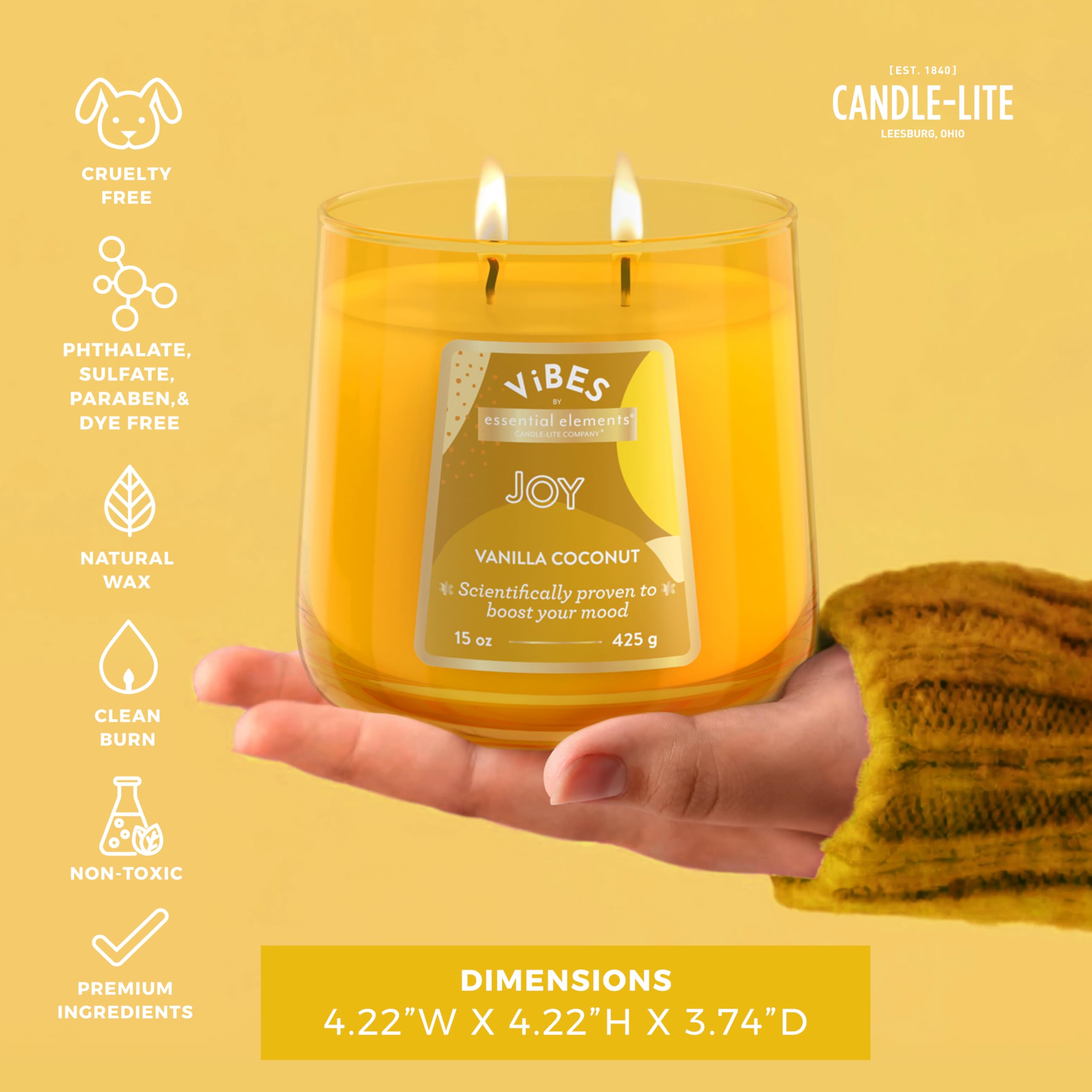 Candle-Lite Vibes Vanilla Coconut Mood-Enhancing Scented Candles, 15 oz Jar, Aromatherapy, Proudly Poured in The USA, 2-Wick, 86 Hours Burn Time, Perfect Relaxation Gift