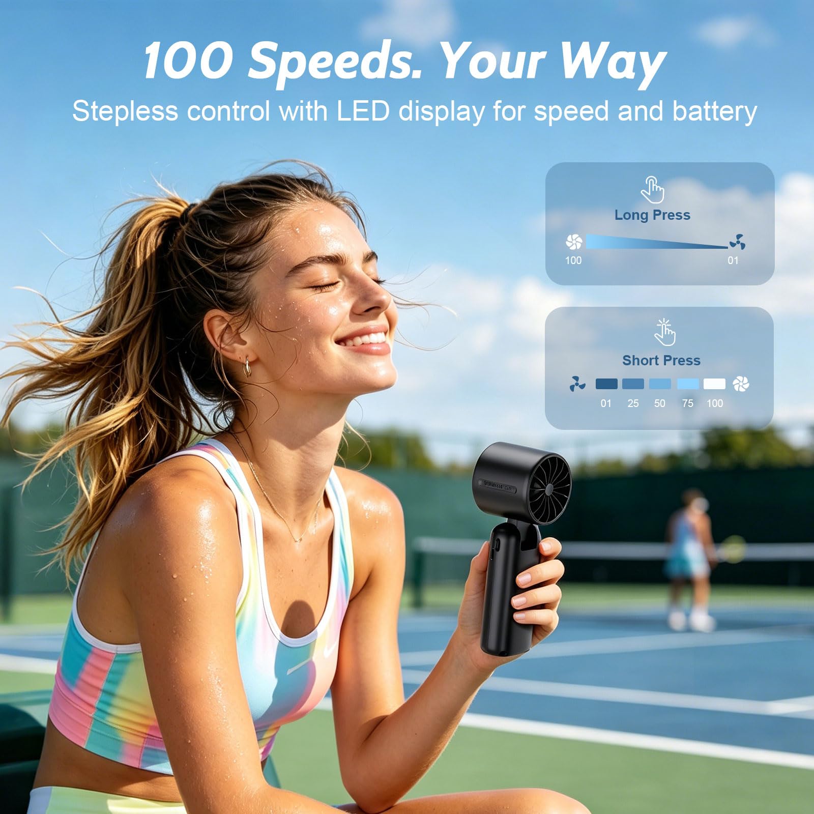 Portable Handheld Turbo Fan, 5000mAh USB-C Rechargeable Mini Pocket Fan with 1-100 Speeds, LED Display, Strong Airflow,12H Runtime, 3 in 1 Hand Fan for Travel, Outdoor, Beach, Gifts for Women, Men