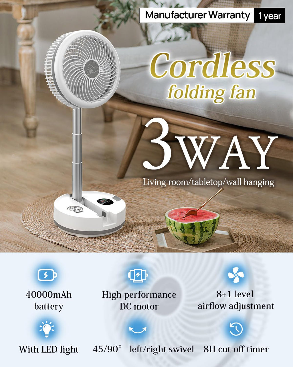 10 inch Portable Fan-Battery Operated Fan, Oscillating Rechargeable Fan with 40000mAh, Remote Control LED Lights, 114HR Run Time, Outdoor Portable Foldable Fan for Camping＆travel (White)