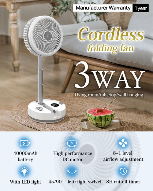 10 inch Portable Fan-Battery Operated Fan, Oscillating Rechargeable Fan with 40000mAh, Remote Control LED Lights, 114HR Run Time, Outdoor Portable Foldable Fan for Camping＆travel (White)