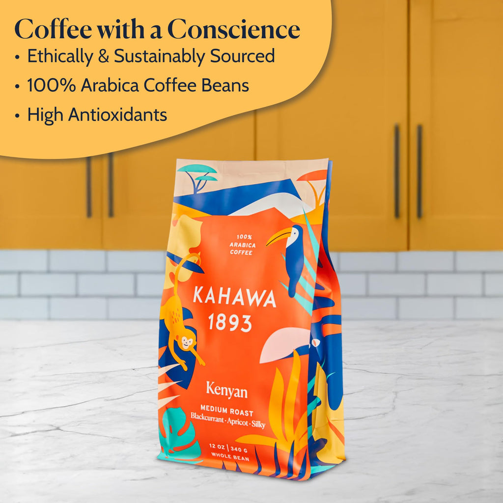Kahawa 1893 Whole Bean Coffee Medium Roast Kenyan Blend 12 Oz - As Seen on Shark Tank, High Antioxidants, Naturally Sweet, Organically Grown, Ethically & Sustainably Sourced