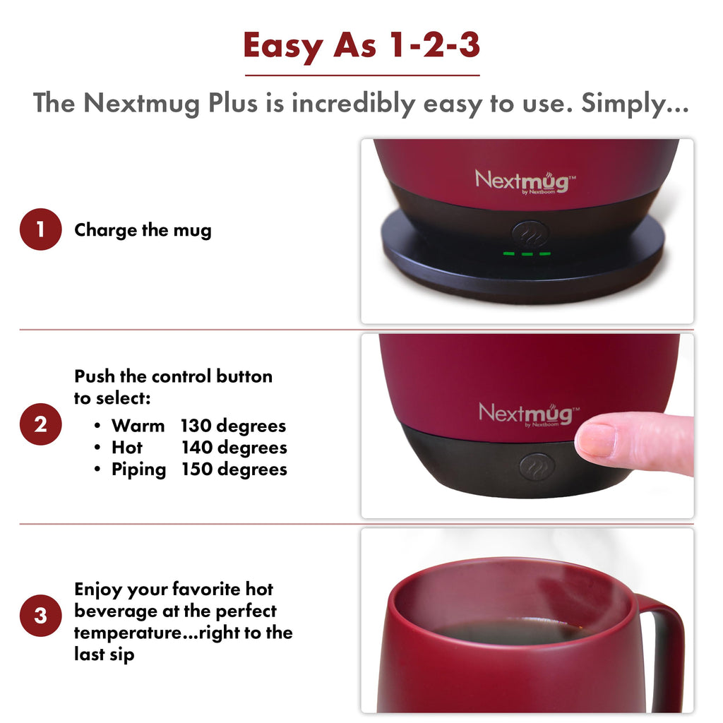 Nextmug Plus (Burgundy - 18 oz.) Temperature-Controlled, Self-Heating Mug – No App, Long-Lasting Battery for Work & Study, Great Gift for Coffee Lovers