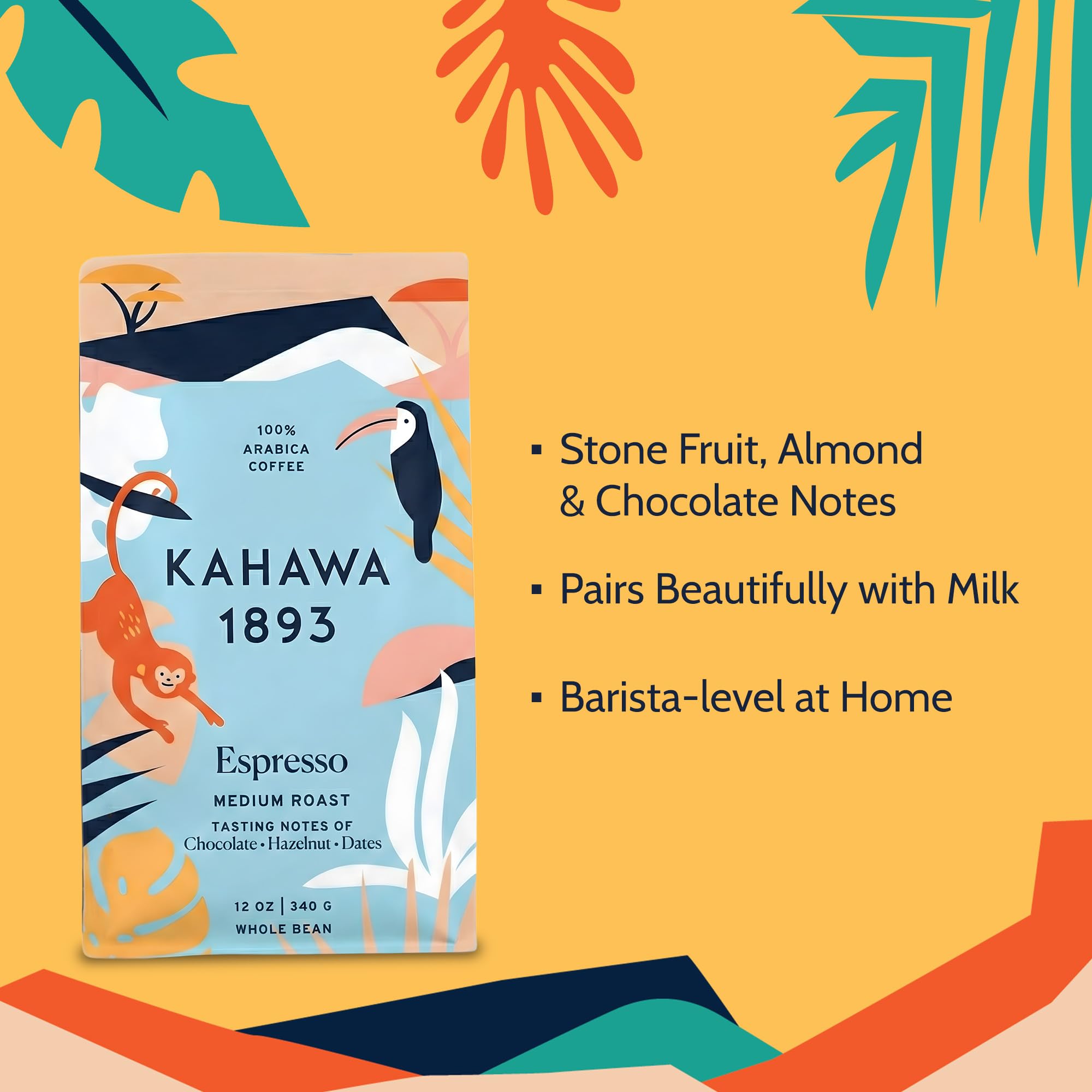 Kahawa 1893 Whole Bean Coffee Medium Roast 1893 Espresso Blend 12 Oz - As Seen on Shark Tank, Naturally Sweet, Organically Grown, Ethically & Sustainably Sourced
