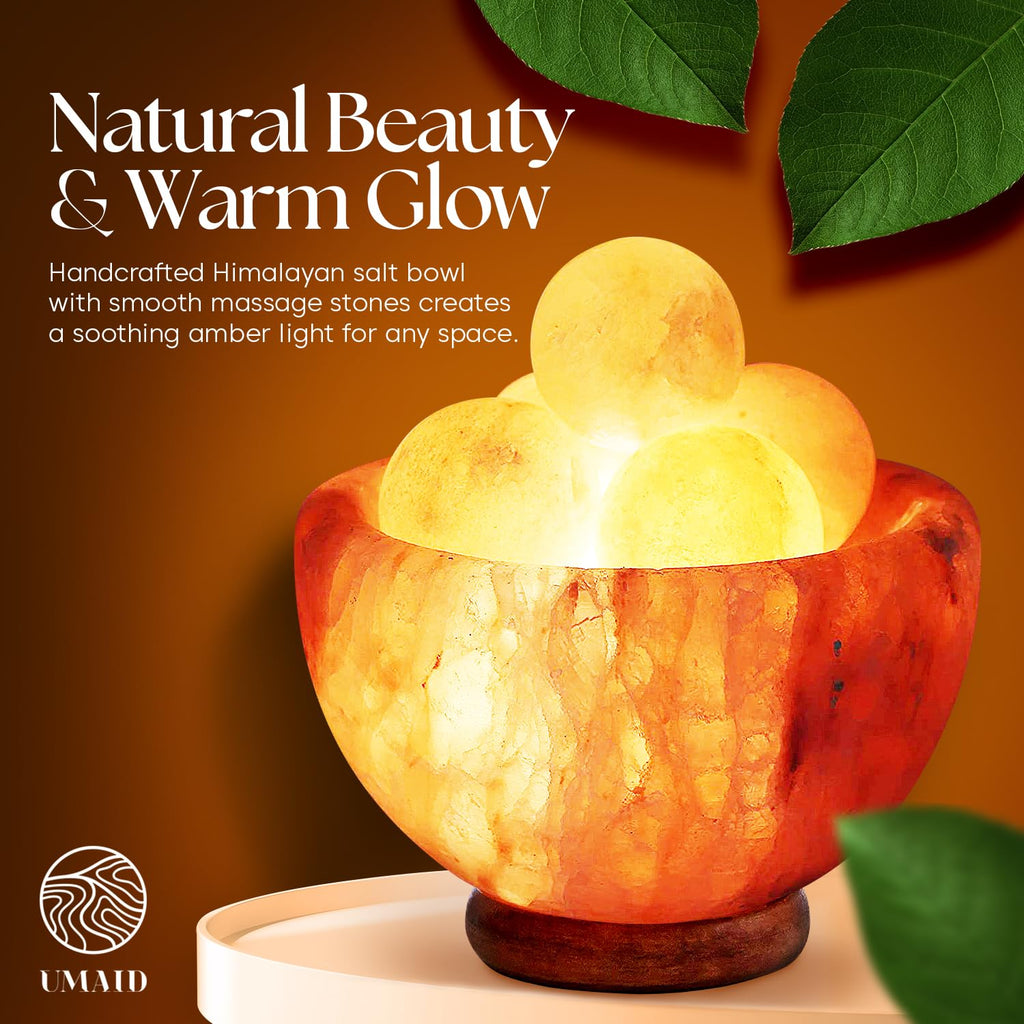 UMAID Himalayan Salt Lamp Bowl with 6 Massage Balls – Dimmable Natural Pink Rock Salt Lamp for Relaxation, Meditation,Yoga, Spa, Office, Bedroom, Wellness, Home Decor, and Unique Gift