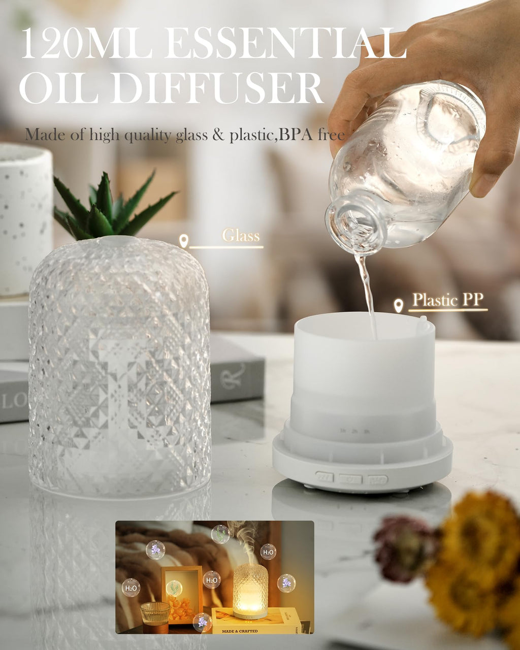 Onaboviva Essential Oil Diffuser - 2.4MHz Ultrasonic Glass Diffuser for Home, 120ml, Pulse&Continuous Mist, Bright/Dim/Breathing Lighting, Waterless Auto-Off, Aromatherapy Diffuser with USB Cable