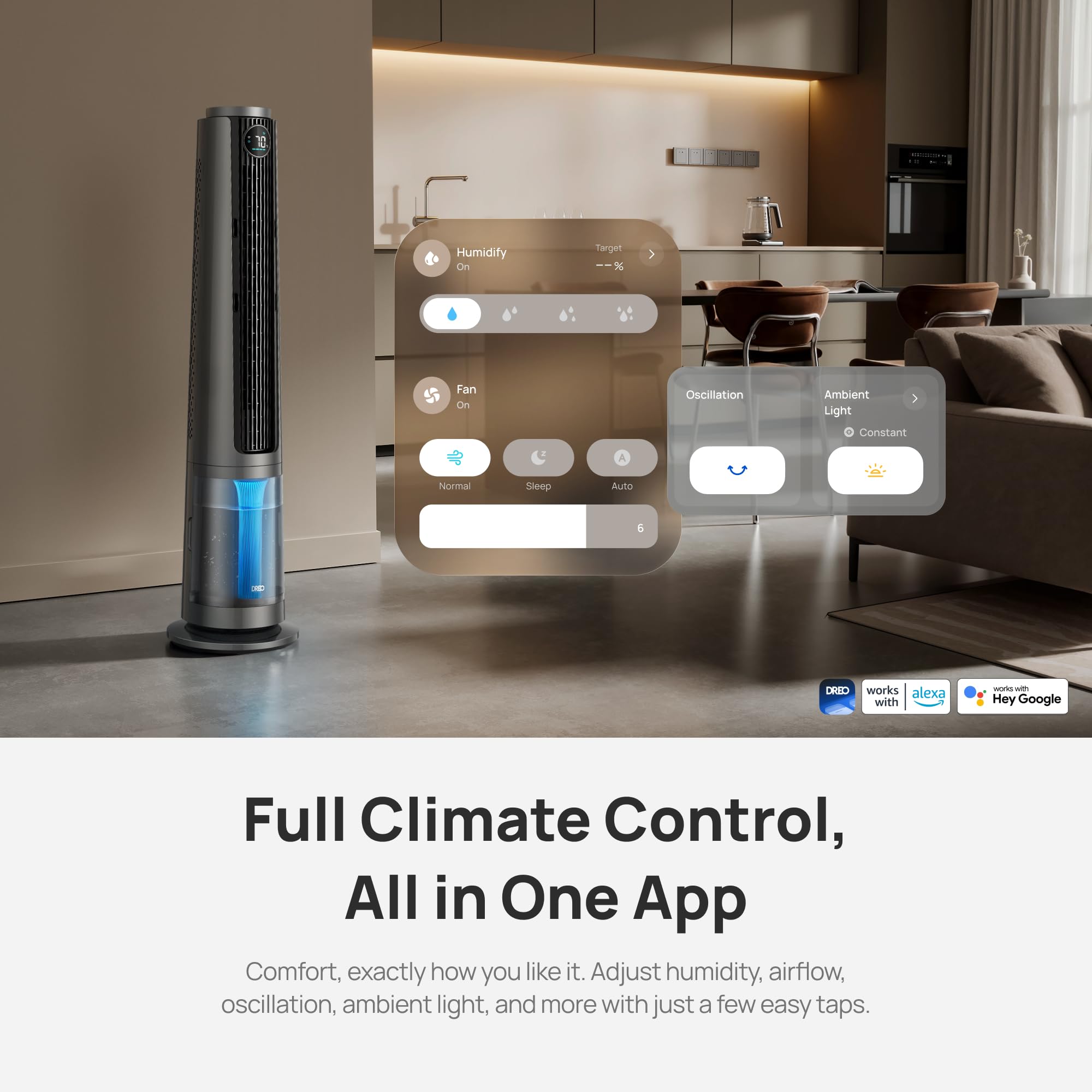 DREO TurboCool Misting Fan 765S, Fans that Blow Cold Air, 10°F Cooling, 34ft/s Fast Evaporative Air Cooler, 6L Tank, 20 dB Quiet DC Motor, 90° Tower Fan with 12 Speeds, 4 Modes for Home, Grey