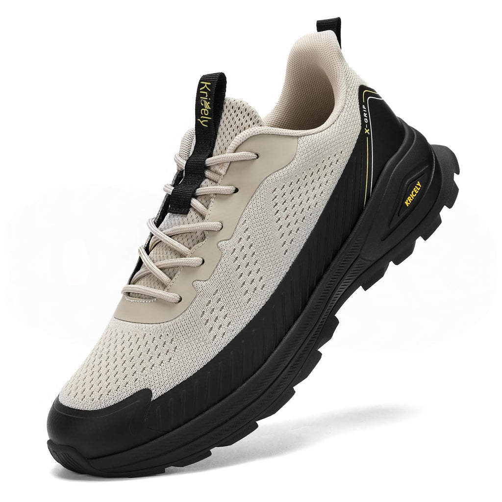 Kricely Men's Trail Running Shoes Non Slip Hiking Trekking Shoes Cross Training Tennis Shoes Breathable Shock Absorbing Sneakers Lightweight Workout Footwear Outdoor Gym Jogging Khaki Size 12