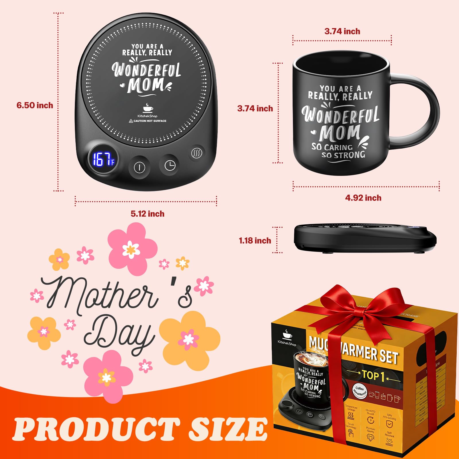 KitchekShop Coffee Mug Warmer - Fastest Heating & Highest Temperature, Coffee Cup Warmer for Desk Auto Shut Off, 4 Temp Settings & 1-12H Timer, Smart Electric Beverage Warmer for Coffee (Glossy Black)