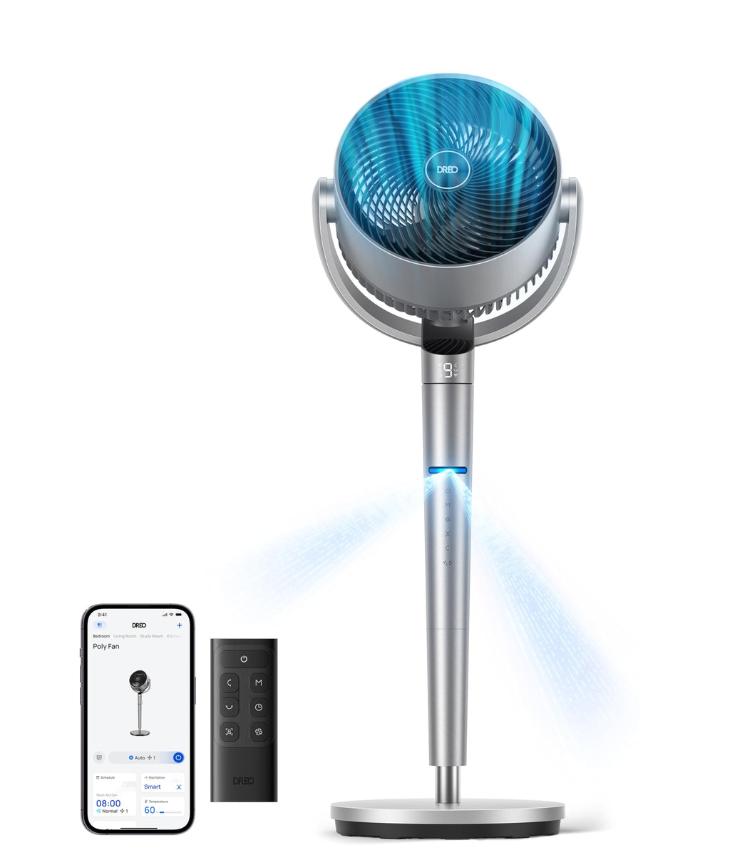 DREO Smart Fan for Bedroom, Position-based Oscillation, 150°+120° 3D Oscillating Fan, 110ft Pedestal Fans with Wi-Fi/Voice/Remote, Standing Fans Work with Alexa/Google, 9 Speeds, 6 Modes, 20dB, Silver