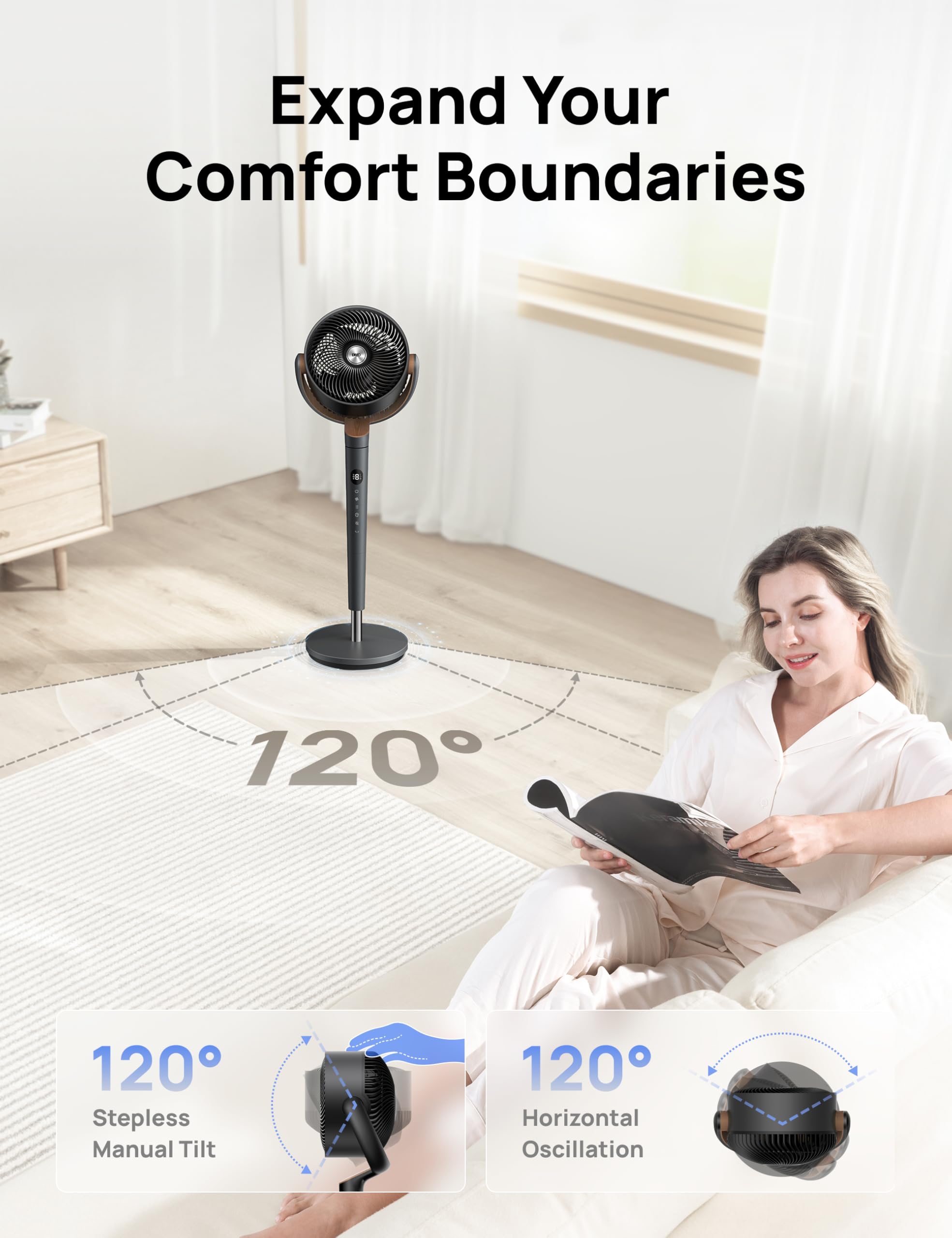 DREO Fan for Bedroom, 120° Oscillating Standing Fans, Quiet Floor Fan with DC Motor, 100ft Pedestal Fans for Room, 9 Speeds, 4 modes, 20dB, 120° Manual Vertical, 37-42" Adjustable Height, 9H Timer