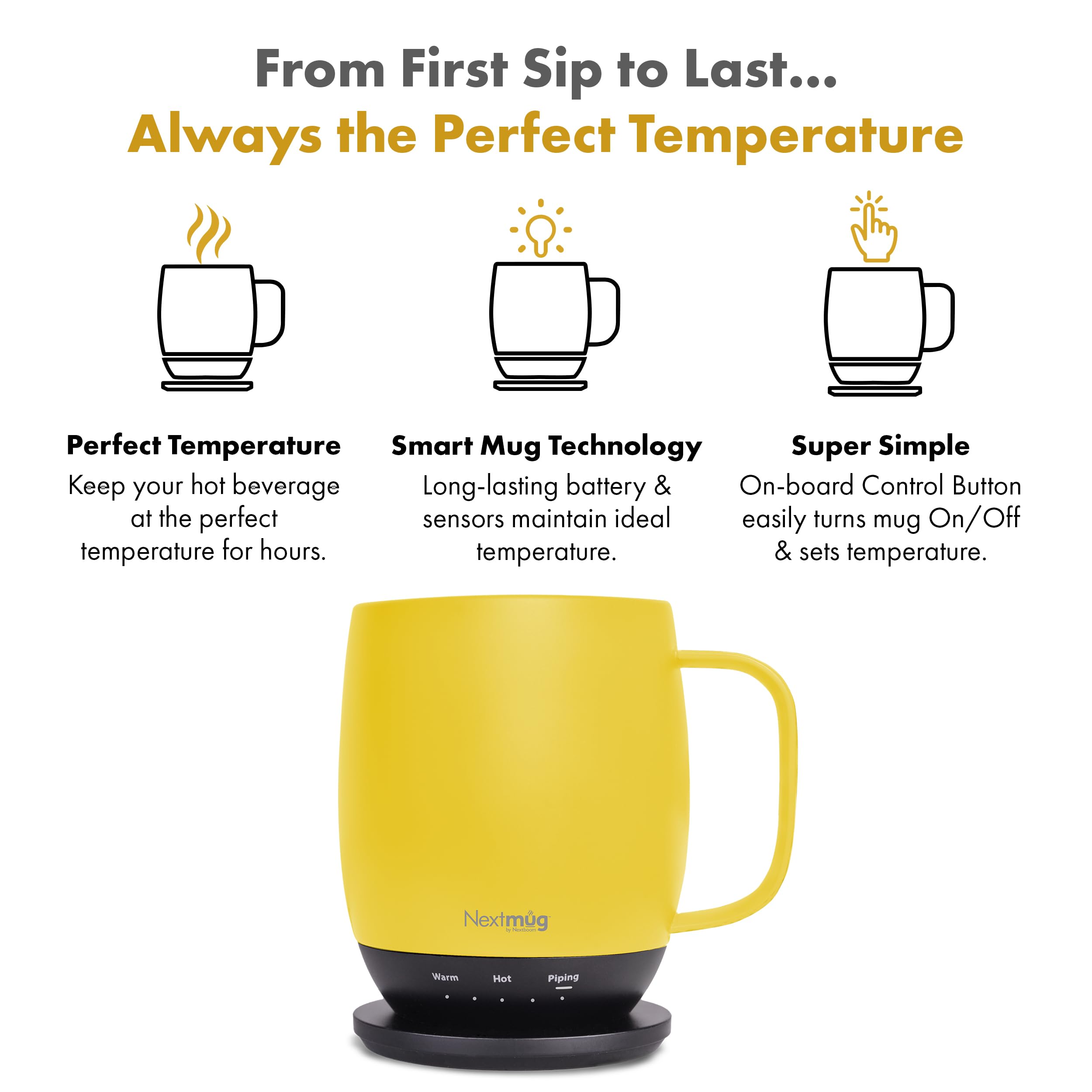 Nextmug - Temperature-Controlled, Self-Heating Coffee Mug (Sunshine - 14 oz.)