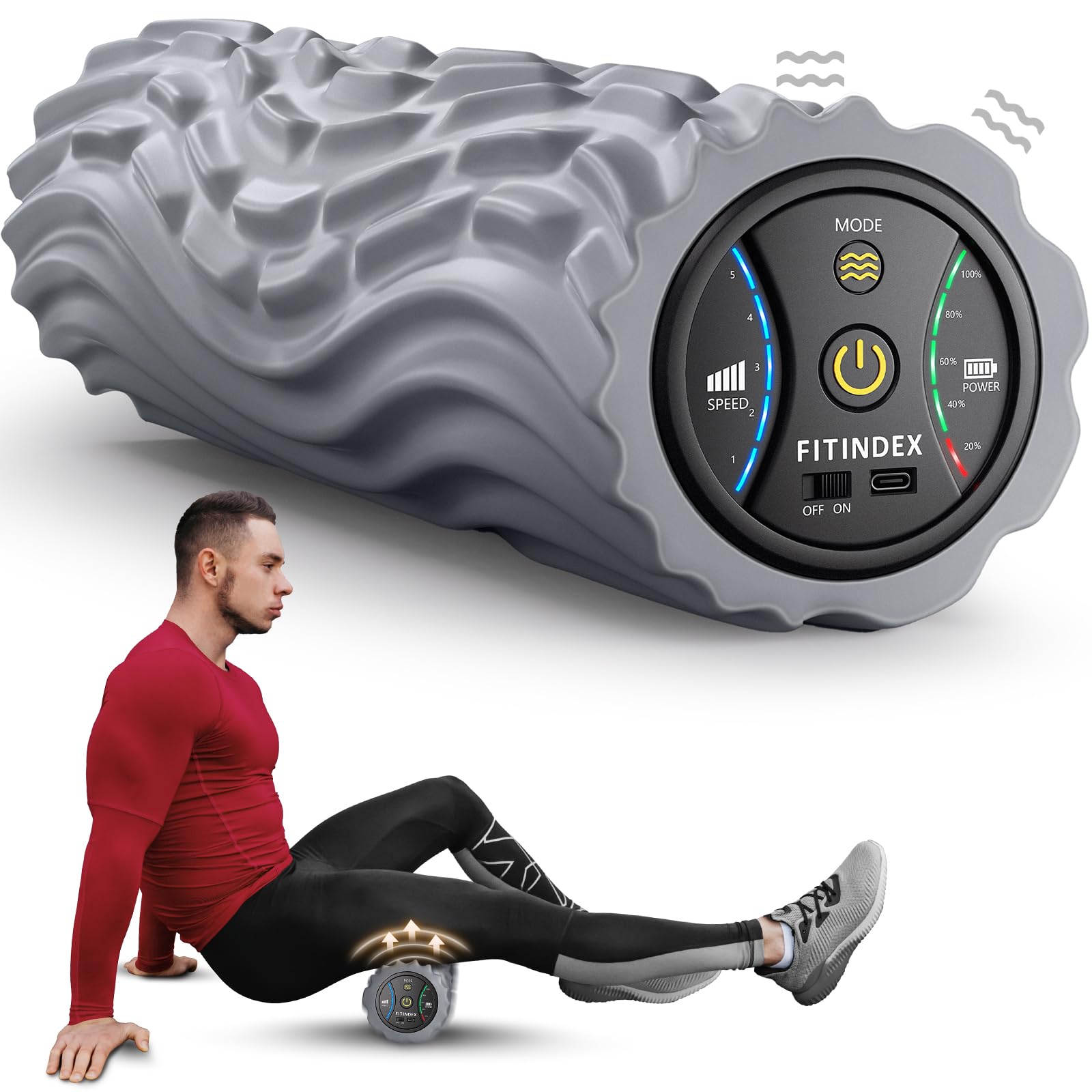 FITINDEX Vibrating Foam Roller for Back Pain, FSA&HSA Eligible, 5-Speed Muscle Massage, Exercise, Muscles Deep Tissue, Physical Therapy, Pilates, Yoga, Neck, Leg, Rechargeable, Travel Portable, Gray