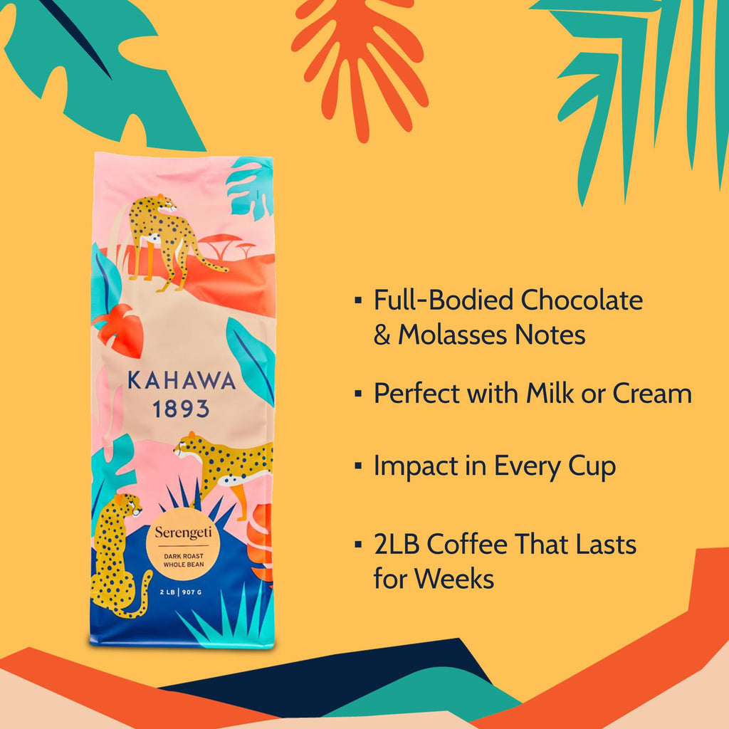 Kahawa 1893 Whole Bean Coffee Dark Roast Serengeti Blend 2 LB - As Seen on Shark Tank, Low Acid, High Antioxidants, Naturally Sweet, Organically Grown, Ethically & Sustainably Sourced