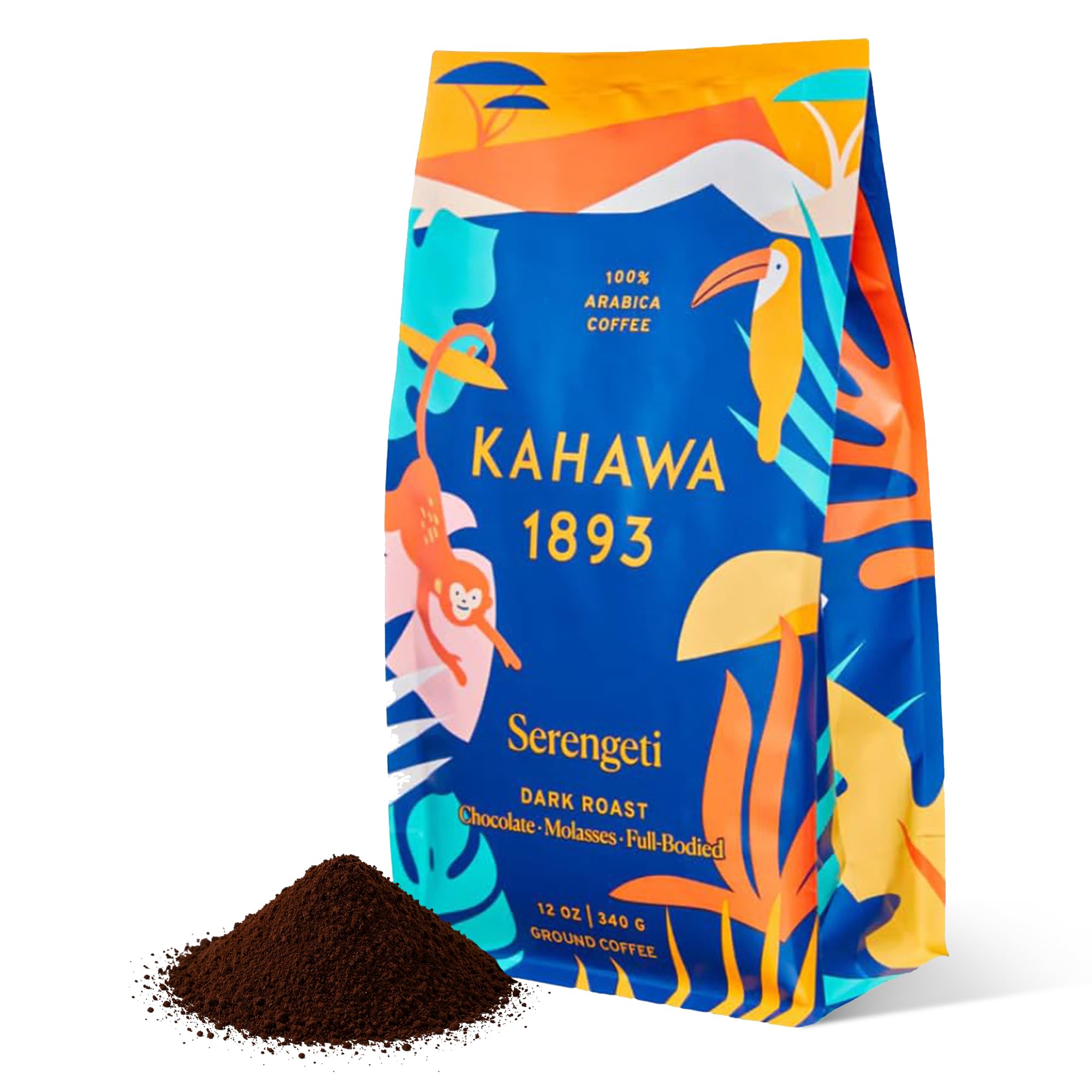 Kahawa 1893 Ground Coffee Dark Roast Serengeti Blend 12 Oz - As Seen on Shark Tank, Low Acid, High Antioxidants, Naturally Sweet, Organically Grown, Ethically & Sustainably Sourced
