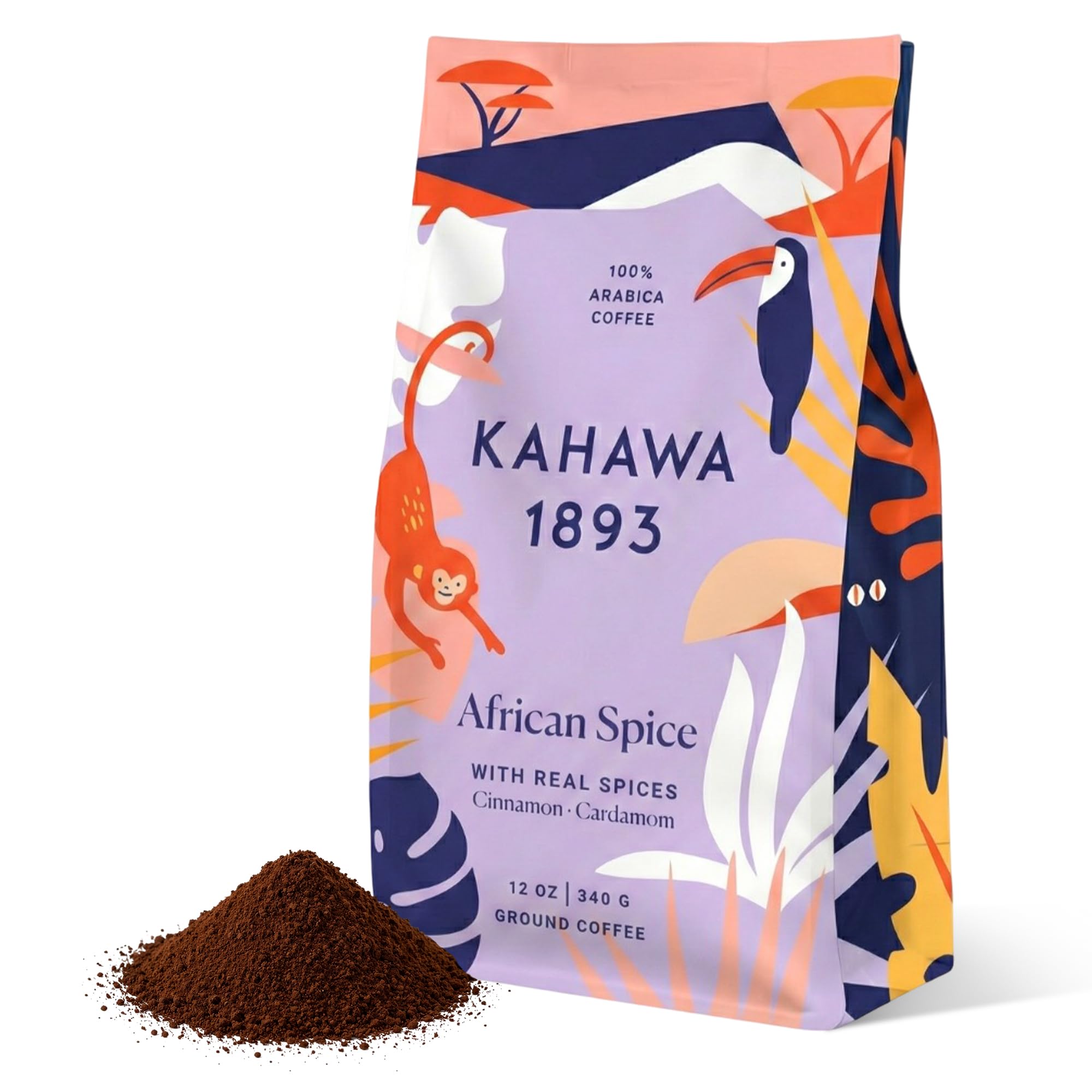Kahawa 1893 Ground Coffee Medium Roast Chai Spice Coffee 12 Oz - With Cinnamon, Cardamom & Clove, As Seen on Shark Tank, High Antioxidants, Organically Grown, Ethically & Sustainably Sourced