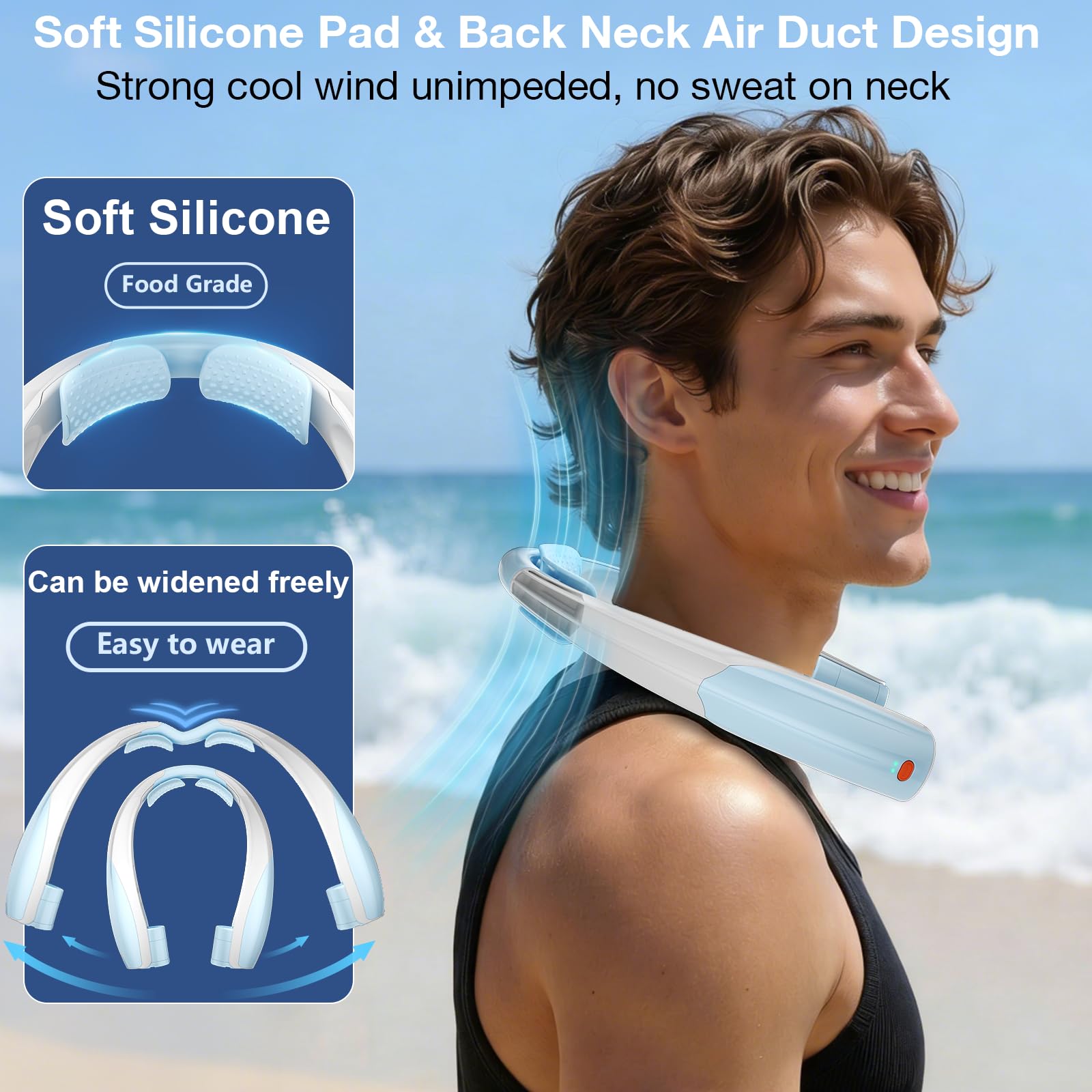 Elrerue Portable Neck Fan, 6 Speeds Rechargeable Personal Fan with AI Chips, Hands-Free 360° Faster Cooling Wearable Fan, Ultra Quiet for Home, Office, Travel, Indoor, Outdoor - Sky Blue