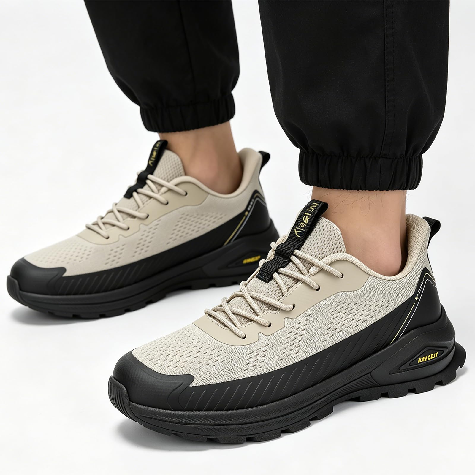 Kricely Men's Trail Running Shoes Non Slip Hiking Trekking Shoes Cross Training Tennis Shoes Breathable Shock Absorbing Sneakers Lightweight Workout Footwear Outdoor Gym Jogging Khaki Size 12