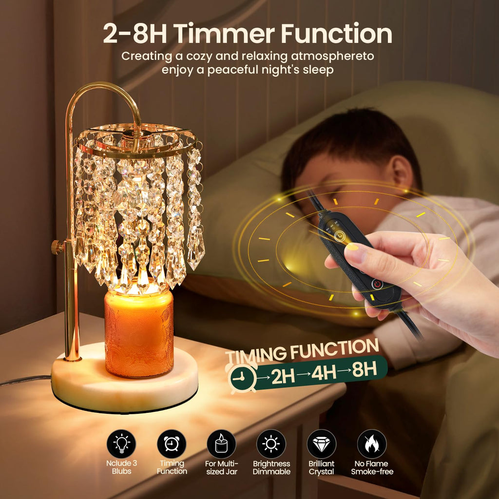 Candle Warmer Lamp with Timer Dimmer，2H/4H/8H Timer , Lamp Candle Warmer with Marble Base for Adjustable Height, Crystal Wax Melt Warmer for Jar Candles, House Warming Decor Gifts Mothers Day Gifts