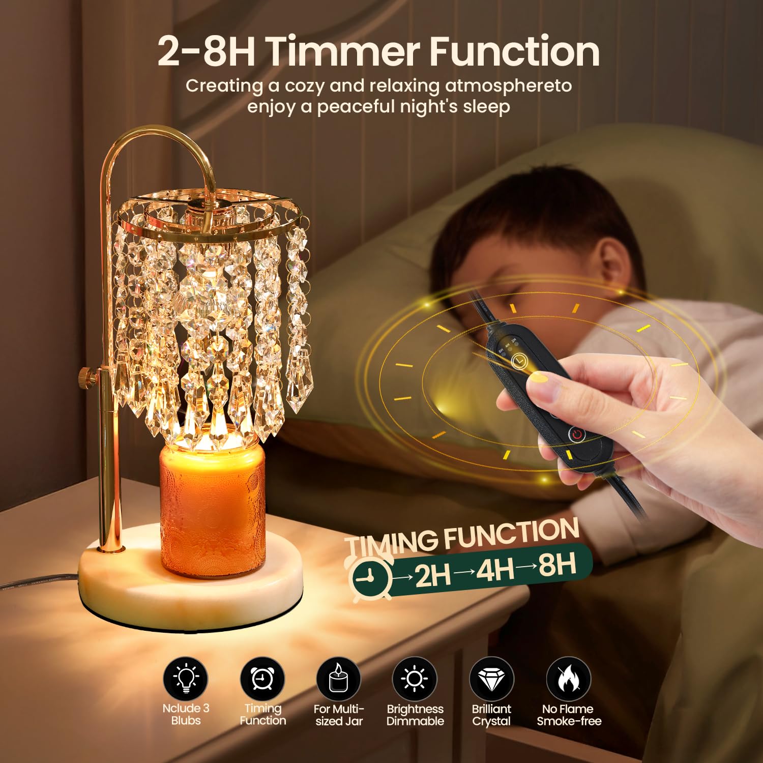 Candle Warmer Lamp with Timer Dimmer，2H/4H/8H Timer , Lamp Candle Warmer with Marble Base for Adjustable Height, Crystal Wax Melt Warmer for Jar Candles, House Warming Decor Gifts Mothers Day Gifts