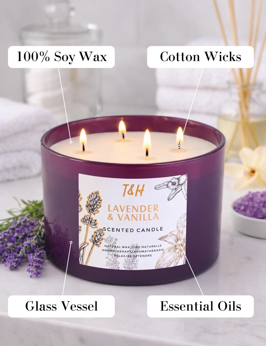 Lavender Vanilla Scented Candle | Large 4-Wick Soy Candle for Home 20 oz | Calming Aromatherapy Candle | Long Lasting Clean Burn | Relaxing Gift for Women & Men