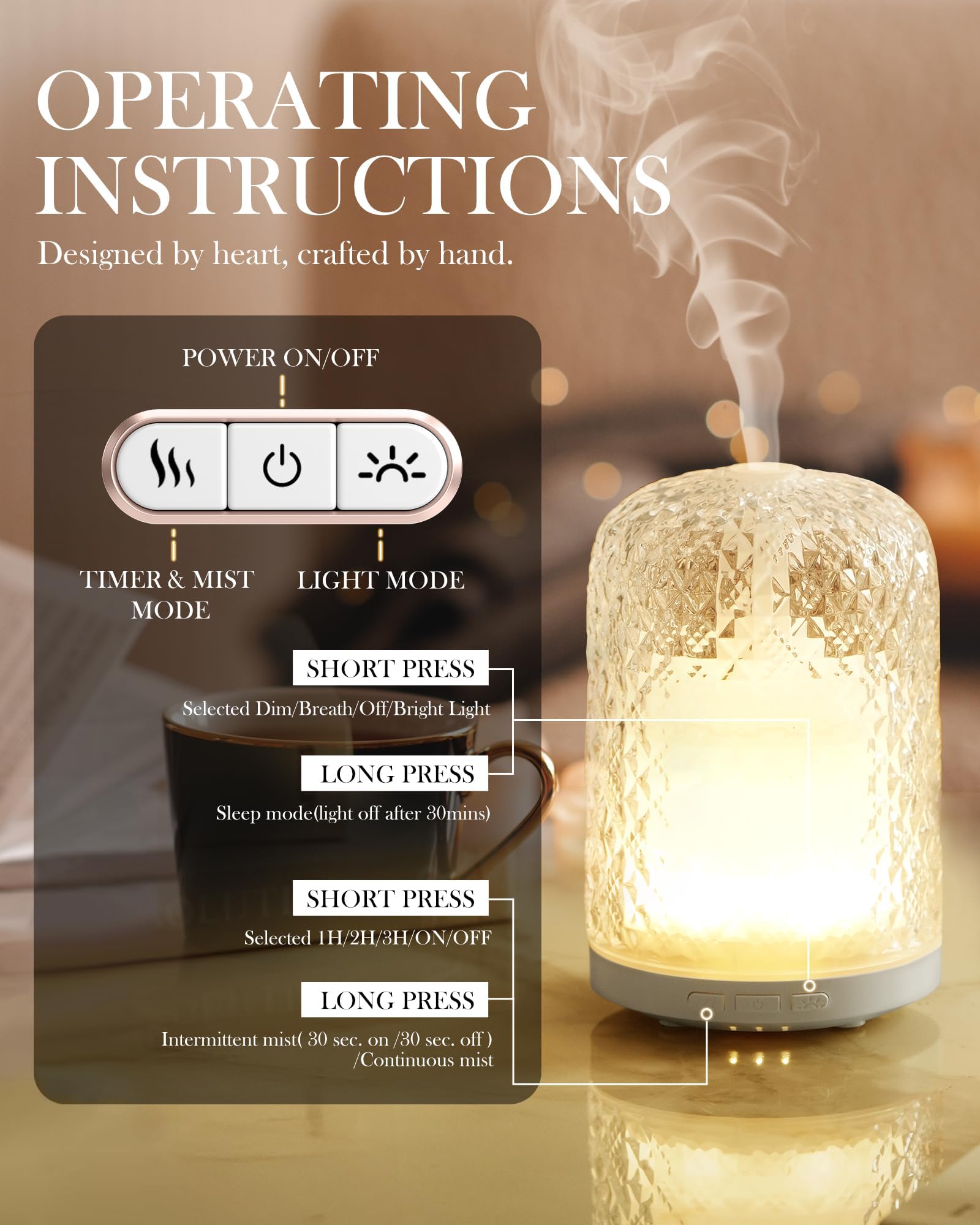 Onaboviva Essential Oil Diffuser - 2.4MHz Ultrasonic Glass Diffuser for Home, 120ml, Pulse&Continuous Mist, Bright/Dim/Breathing Lighting, Waterless Auto-Off, Aromatherapy Diffuser with USB Cable