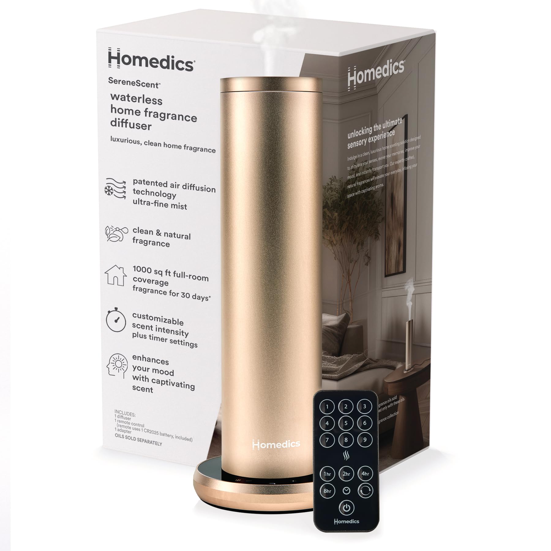Homedics SereneScent Waterless Essential Oil Diffuser, Home Fragrance Scent Diffuser for Large Rooms, No Water Needed, Patented Air Diffusion Technology, Oil Sold Separately, Champagne