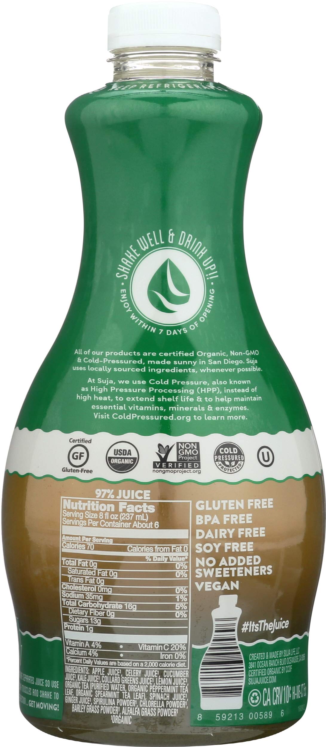 Suja Organic Mighty Dozen Cold Pressed Juice Drink, With Apple, Celery, Cucumber, Kale and Collard Greens, 46 fl oz Bottle