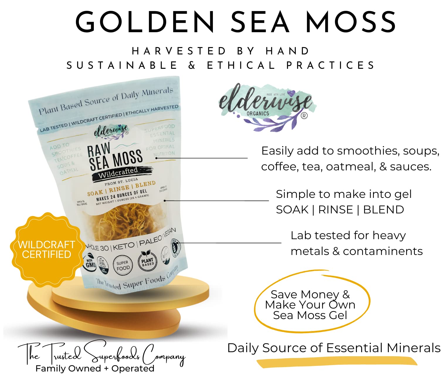 Elderwise Raw Sea Moss | Seamoss Makes 24oz of Gel | Wildcrafted Golden Sea moss | Raw | Sundried | Mineral and Vitamin Rich | Golden