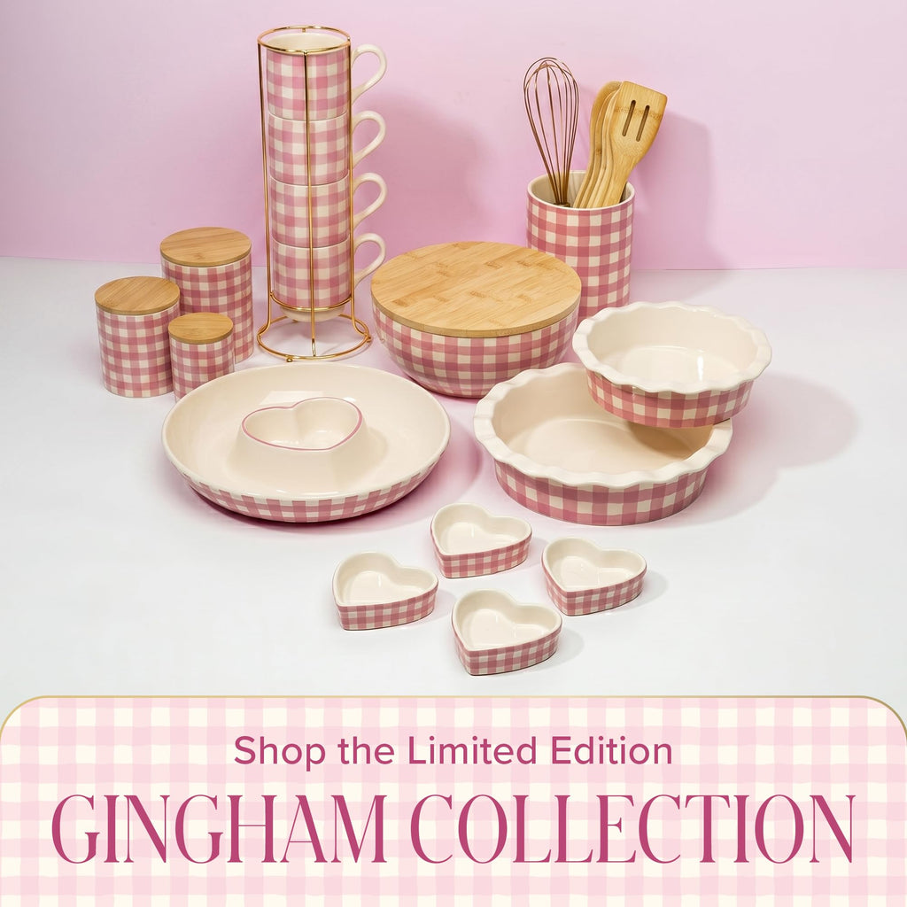 Paris Hilton Stackable Coffee Mug Set with Gold-Tone Rack, Gingham Ceramic Stoneware Cups for Coffee, Tea & Latte, Microwave & Dishwasher Safe, 4-Piece, 10-Ounce, Pink