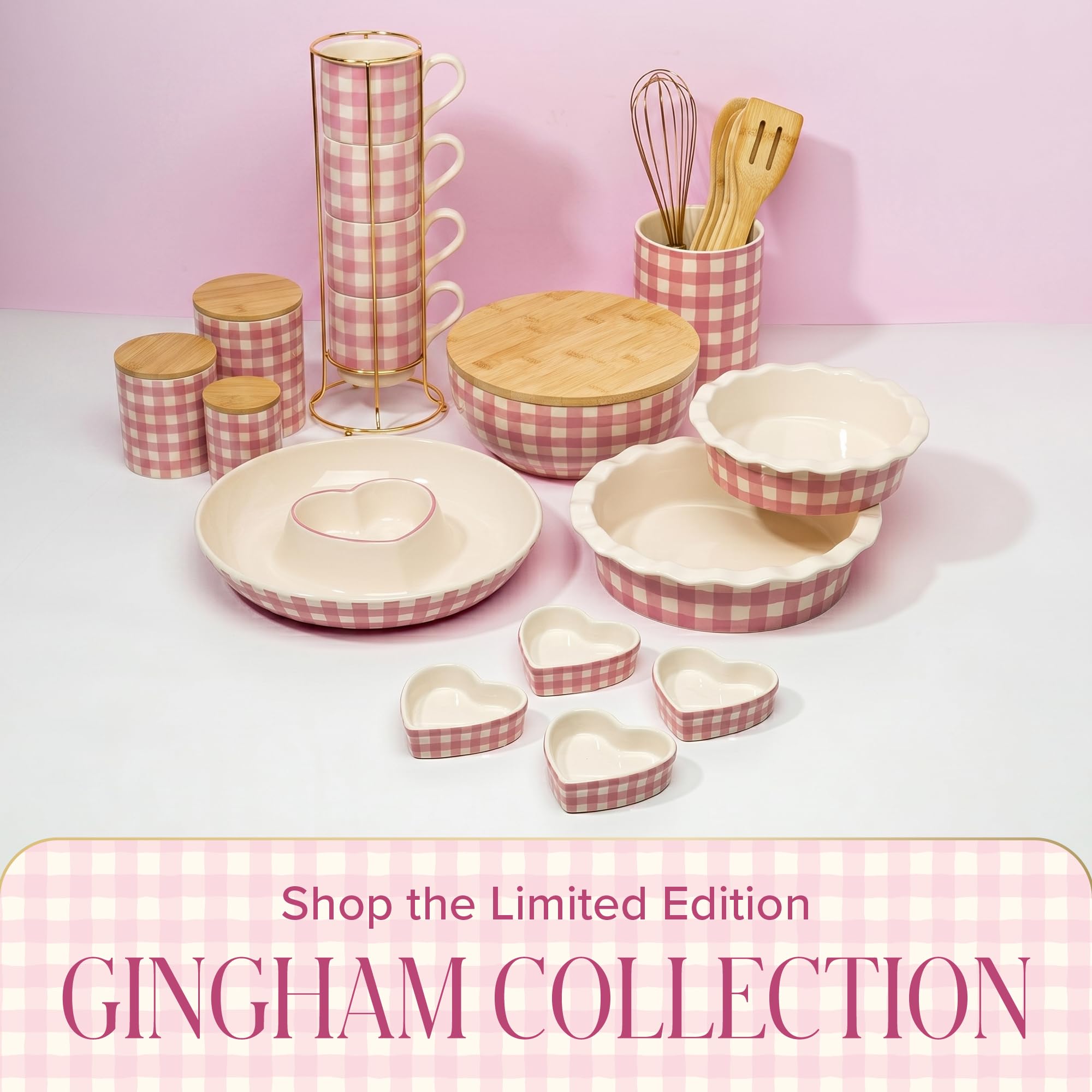 Paris Hilton Stackable Coffee Mug Set with Gold-Tone Rack, Gingham Ceramic Stoneware Cups for Coffee, Tea & Latte, Microwave & Dishwasher Safe, 4-Piece, 10-Ounce, Pink
