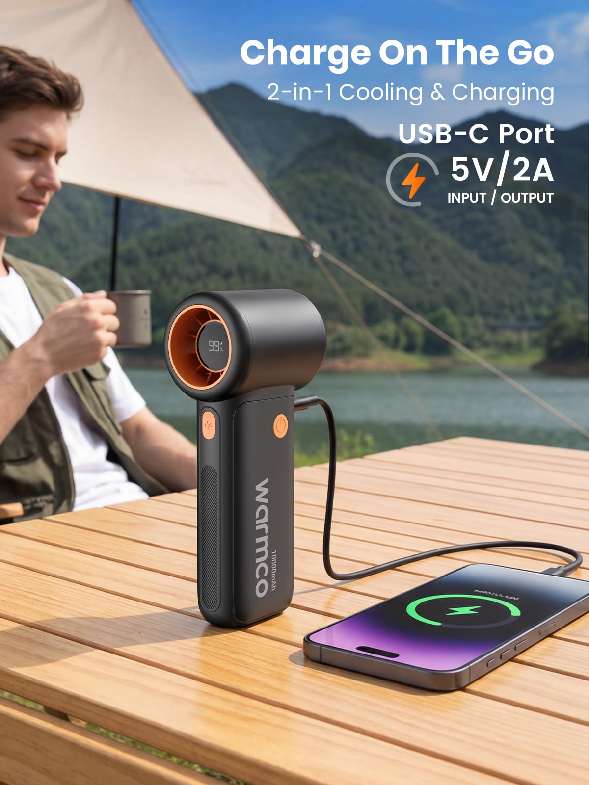 Warmco 10000mAh Turbo Portable Handheld Fan, 36H Runtime USB-C Rechargeable Personal Travel Fan, 5 Speeds & LED Display for Outdoor Travel, Gift for Men and Women