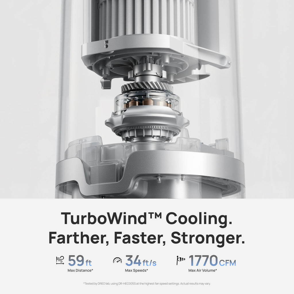 DREO TurboCool Misting Fan 765S, Fans that Blow Cold Air, 10°F Cooling, 34ft/s Fast Evaporative Air Cooler, 6L Tank, 20 dB Quiet DC Motor, 90° Tower Fan with 12 Speeds, 4 Modes for Home, Grey