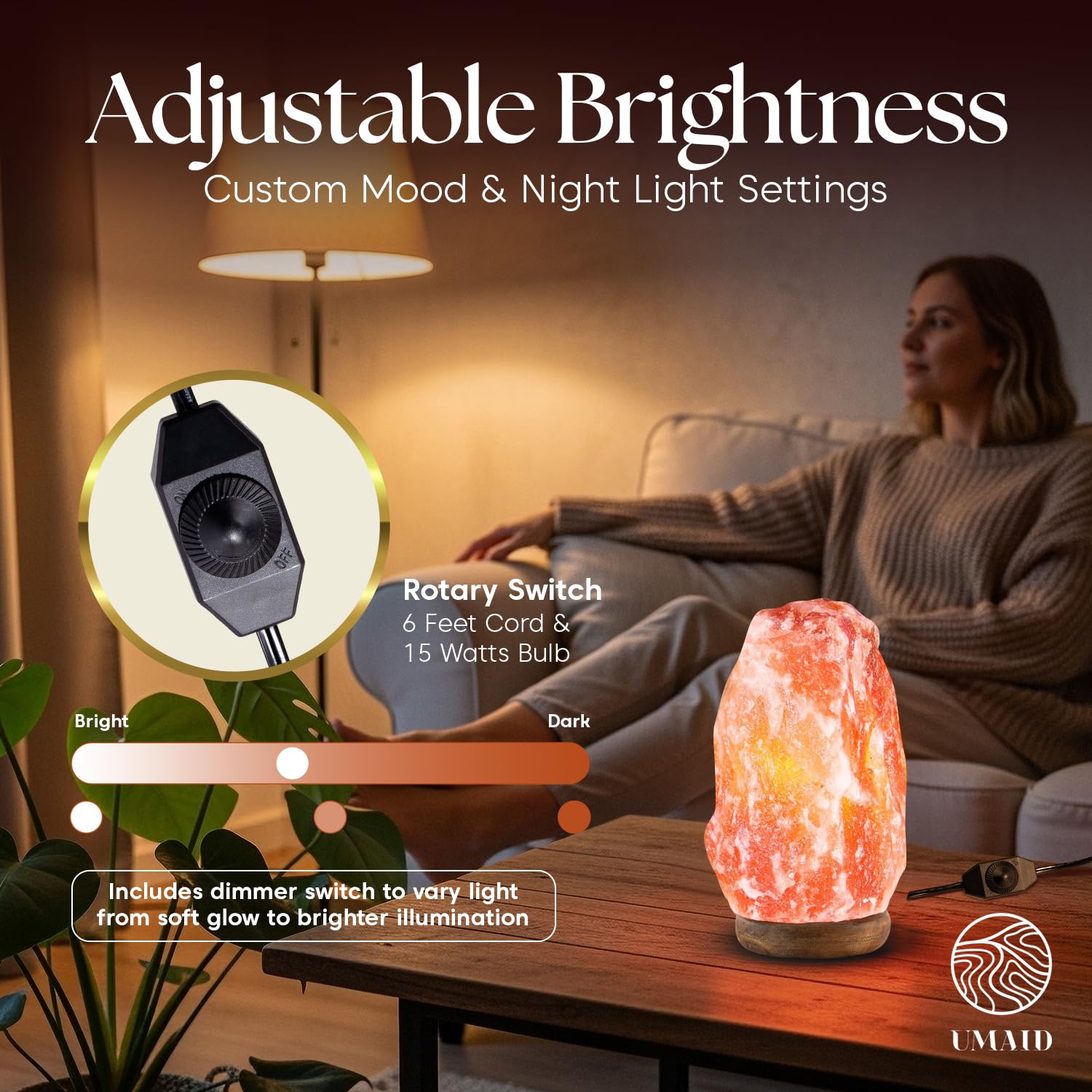 UMAID Himalayan Salt Lamp 8–10" (7–11 lb) – Dimmable Pink Rock Salt Lamp with Wooden Base & Night Light Bulb – Mothers Day Gifts for Mom, Relaxation Lamp, Bedroom Decor, Spa Ambiance
