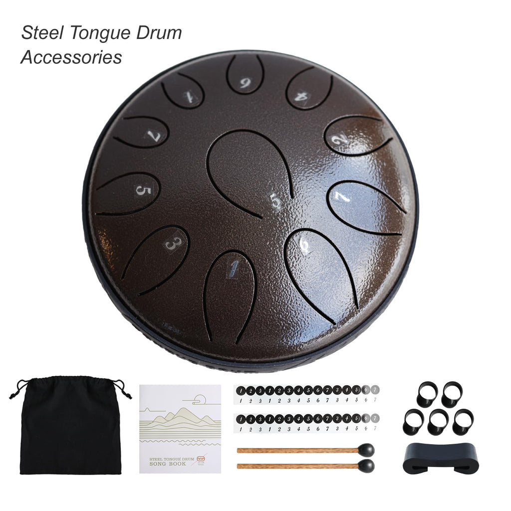 Steel Tongue Drum 6 Inch 11 Notes D Major – Rain Drum Style Calming Sound Healing Instrument for Meditation, Relaxation & Yoga – Easy for Beginners with Full Accessories Gift Set(Chocolate Brown)