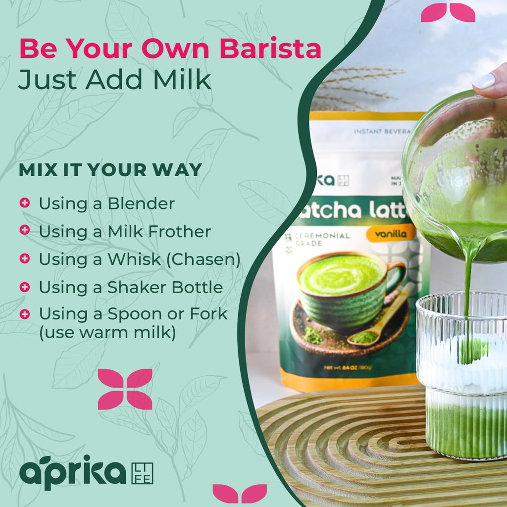 AprikaLife Matcha Latte Powder, Premium Barista Crafted Mix with Natural Vanilla Flavor - Authentically Japanese - 1st Harvest Ceremonial Grade, Sweet Matcha Powder Used by Coffee Shops 6.8 oz / 180g