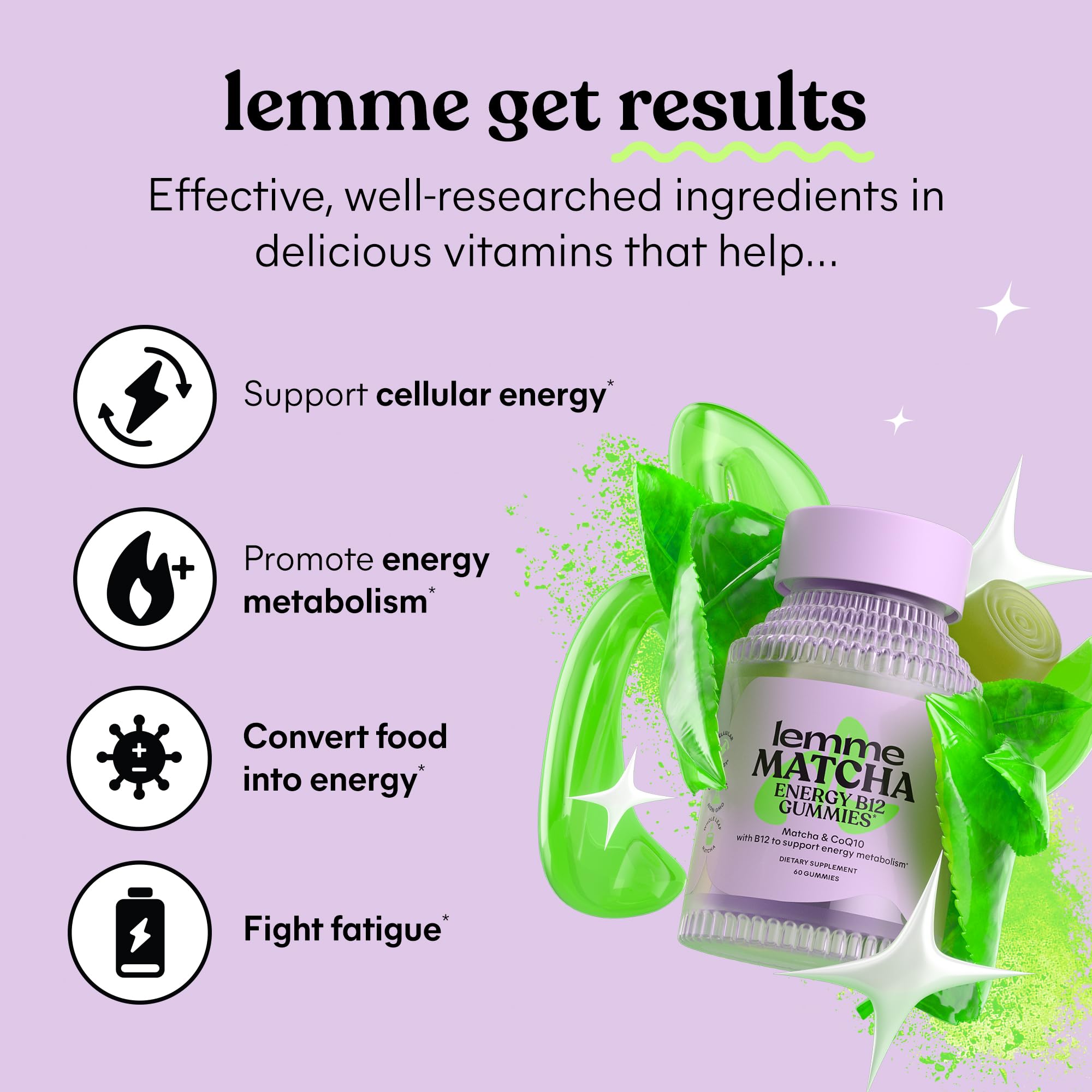 Lemme Matcha Superfood Energy Gummies with Organic Matcha Green Tea, Vitamin B12 and Antioxidant Coenzyme Q10 to Support Cellular Energy, Metabolism & Healthy Skin - Gluten Free, Non GMO (60 Count)