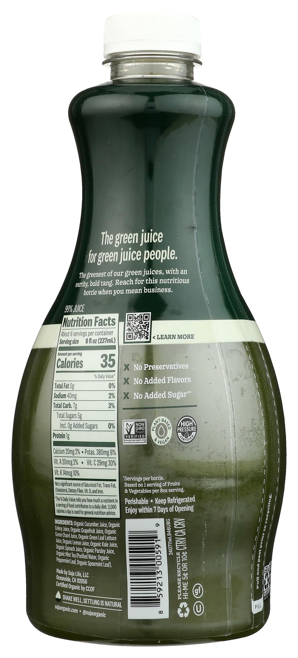 Suja Organic Cold-Pressed Uber Greens, Green Juice full of Leafy Green Cucumber, Celery, Chard, Lettuce, Kale & Grapefruit, Vegan, Plant-Based & USDA Certified (46 Fl Oz)