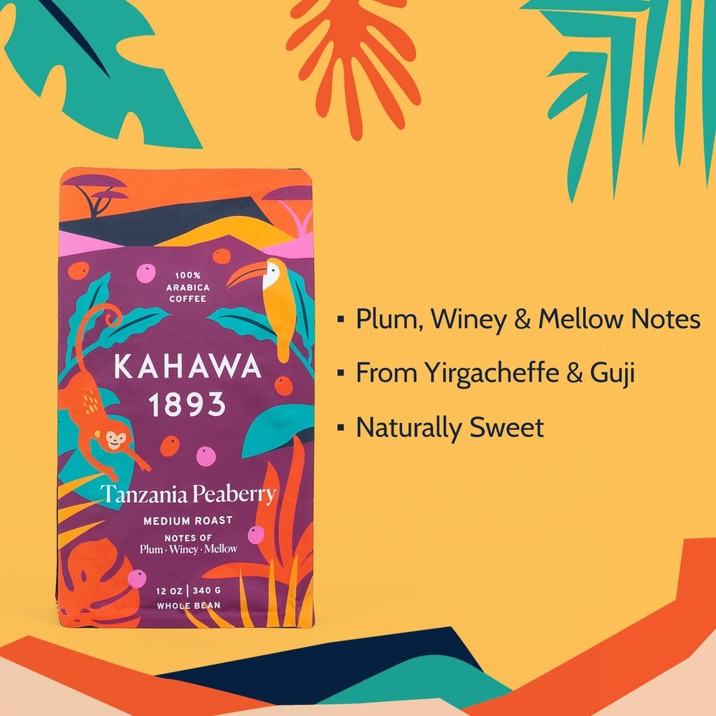 Kahawa 1893 Whole Bean Coffee Medium-Roast Tanzania Peaberry Blend 12 Oz - As Seen on Shark Tank, High Antioxidants, Naturally Sweet, Organically Grown, Ethically & Sustainably Sourced