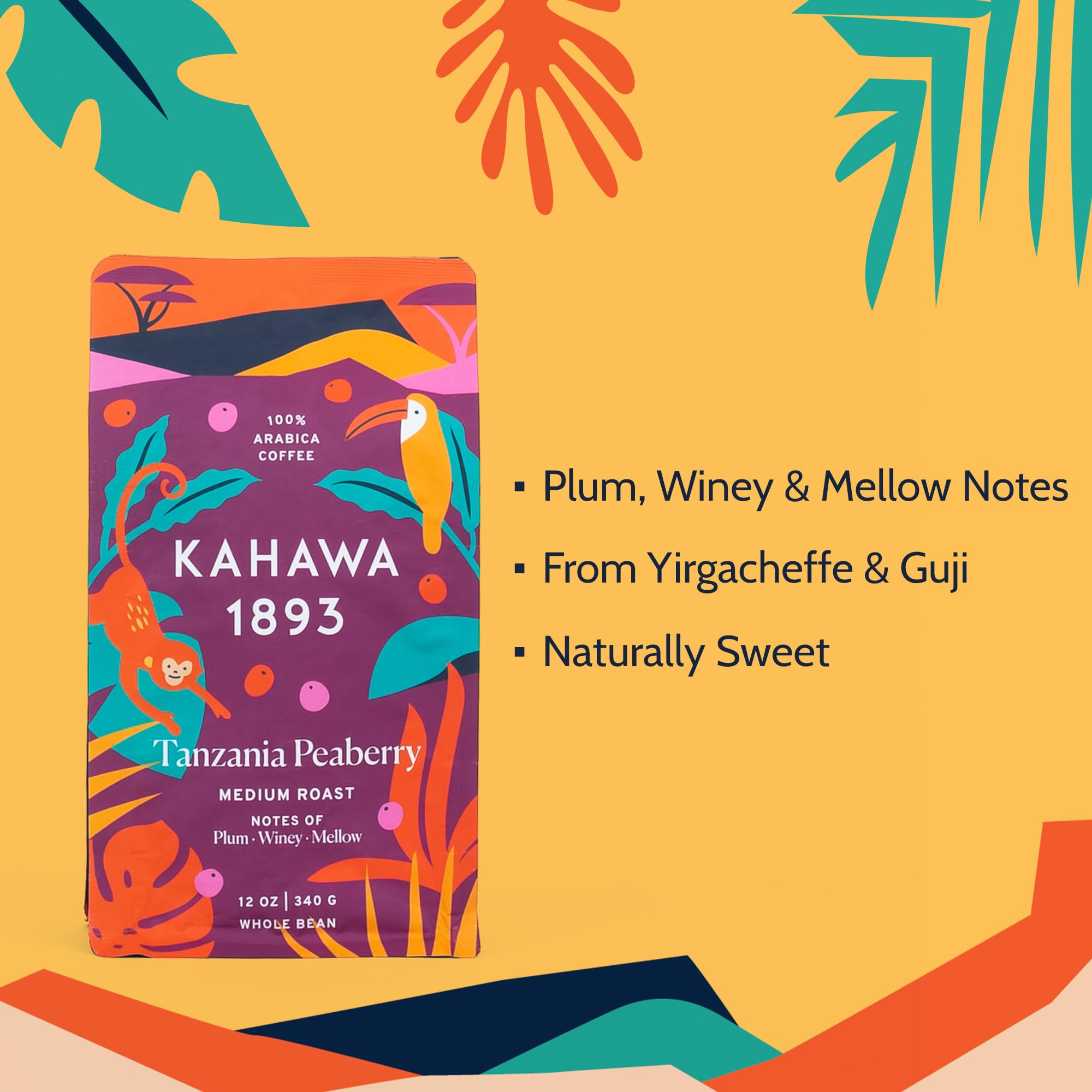 Kahawa 1893 Whole Bean Coffee Medium-Roast Tanzania Peaberry Blend 12 Oz - As Seen on Shark Tank, High Antioxidants, Naturally Sweet, Organically Grown, Ethically & Sustainably Sourced