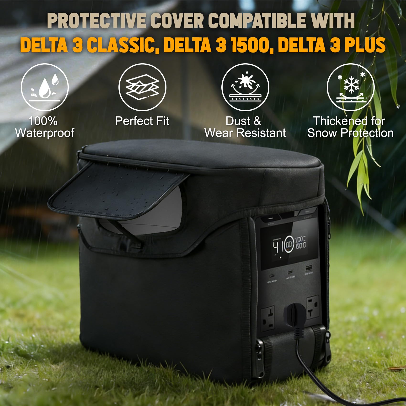 Heavy-Duty Case Compatible with EcoFlow DELTA 3 Series (Plus, Classic, 1500), Waterproof 1680D Oxford Protective Cover with Heat Dissipation Vents & Clear LCD Window (Black)