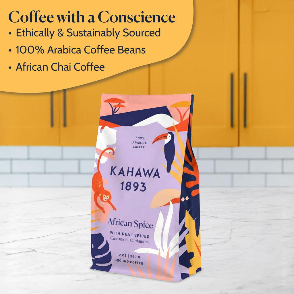 Kahawa 1893 Ground Coffee Medium Roast Chai Spice Coffee 12 Oz - With Cinnamon, Cardamom & Clove, As Seen on Shark Tank, High Antioxidants, Organically Grown, Ethically & Sustainably Sourced