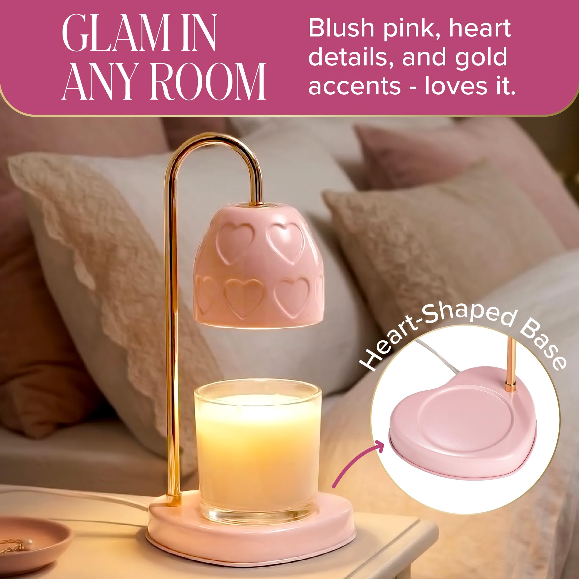 Paris Hilton Candle Warmer Lamp for Jar Candles, Electric Candle Lamp Warmer with 35W GU10 Bulb, Pink Debossed Hearts Shade and Gold-Finish Stem, Pink