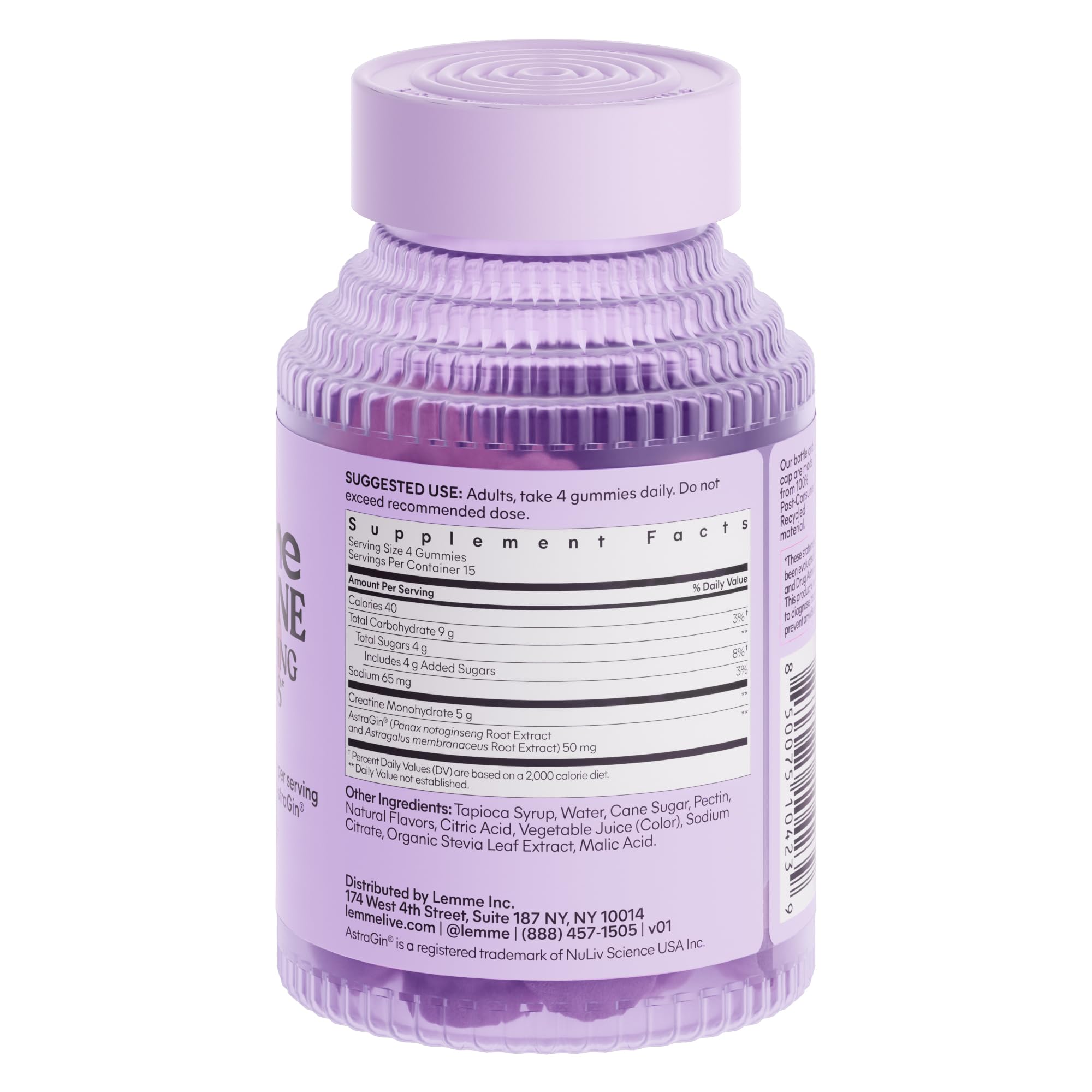 Lemme Creatine Monohydrate Gummies for Women and Men, 5g Dose to Support Lean Muscle, Strength, Recovery, Cognitive Health, w/Ginseng for Absorption, Sour Strawberry, NSF Certified, 60 Gummies