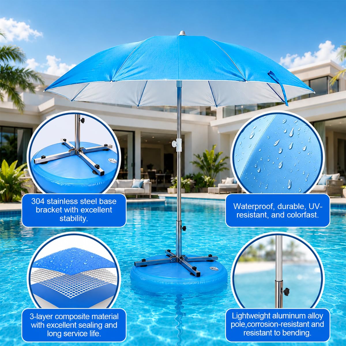 Abimars Floating Pool Umbrella, 6.5ft In-Pool Sunshade with UV-Resistant Coating, Portable Outdoor Shade Canopy for Pool, Lake & Beach, Travel-Friendly