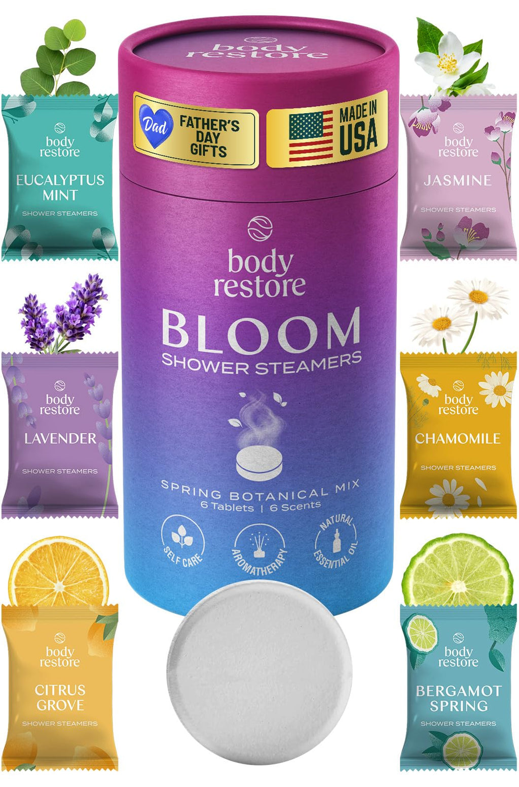 Body Restore Shower Steamers Aromatherapy 6 Pack – Fathers Day Gift for Dad, Birthday Gifts for Women & Men, Spa Stress Relief & Relaxation Self Care Gifts – Premium Bloom Essential Oil Tablets
